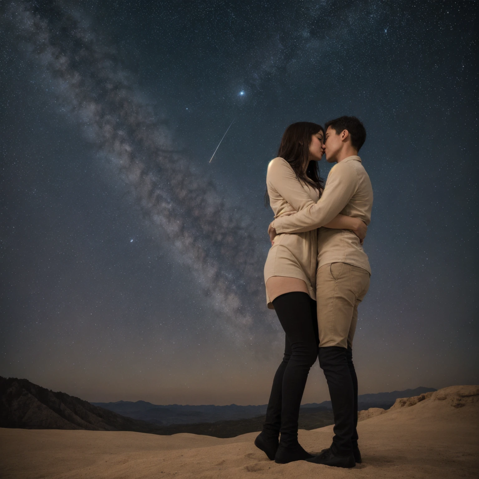 Boy and girl with same height looking the moon , backside view, wearing plain jerkin, digital art