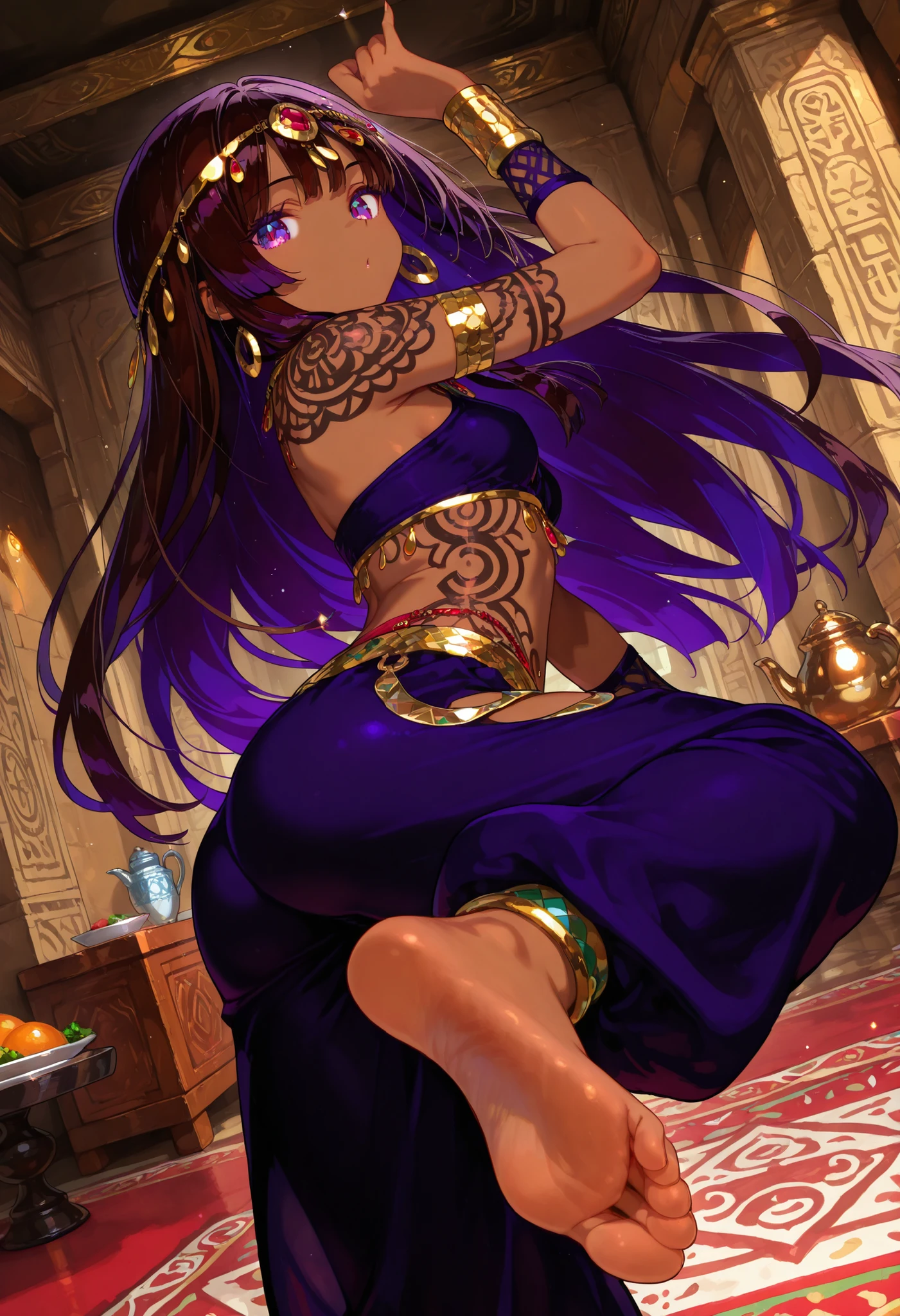 1 female, youth, arabian, dark brown skin female, dark  black color hair, long hair, dark purple color eyes, served,  temptation , provocative , ethnic patterns tattoo,full-body tattoo, dancing, bare feet, bare sole, looking at viewer, feet focus, detailed sole, saloon,