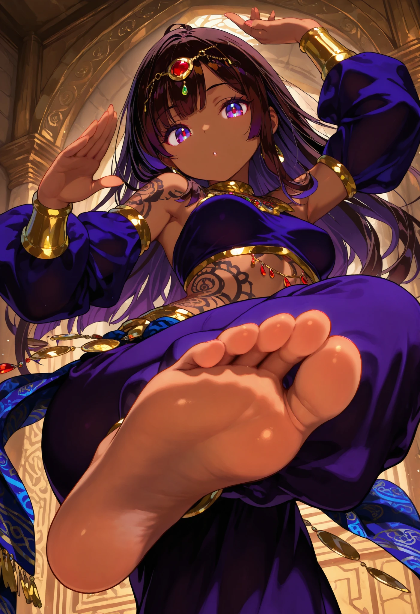 1 female, youth, arabian, dark brown skin female, dark  black color hair, long hair, dark purple color eyes, served,  temptation , provocative , ethnic patterns tattoo,full-body tattoo, dancing, bare feet, bare sole, looking at viewer, feet focus, detailed sole, saloon,