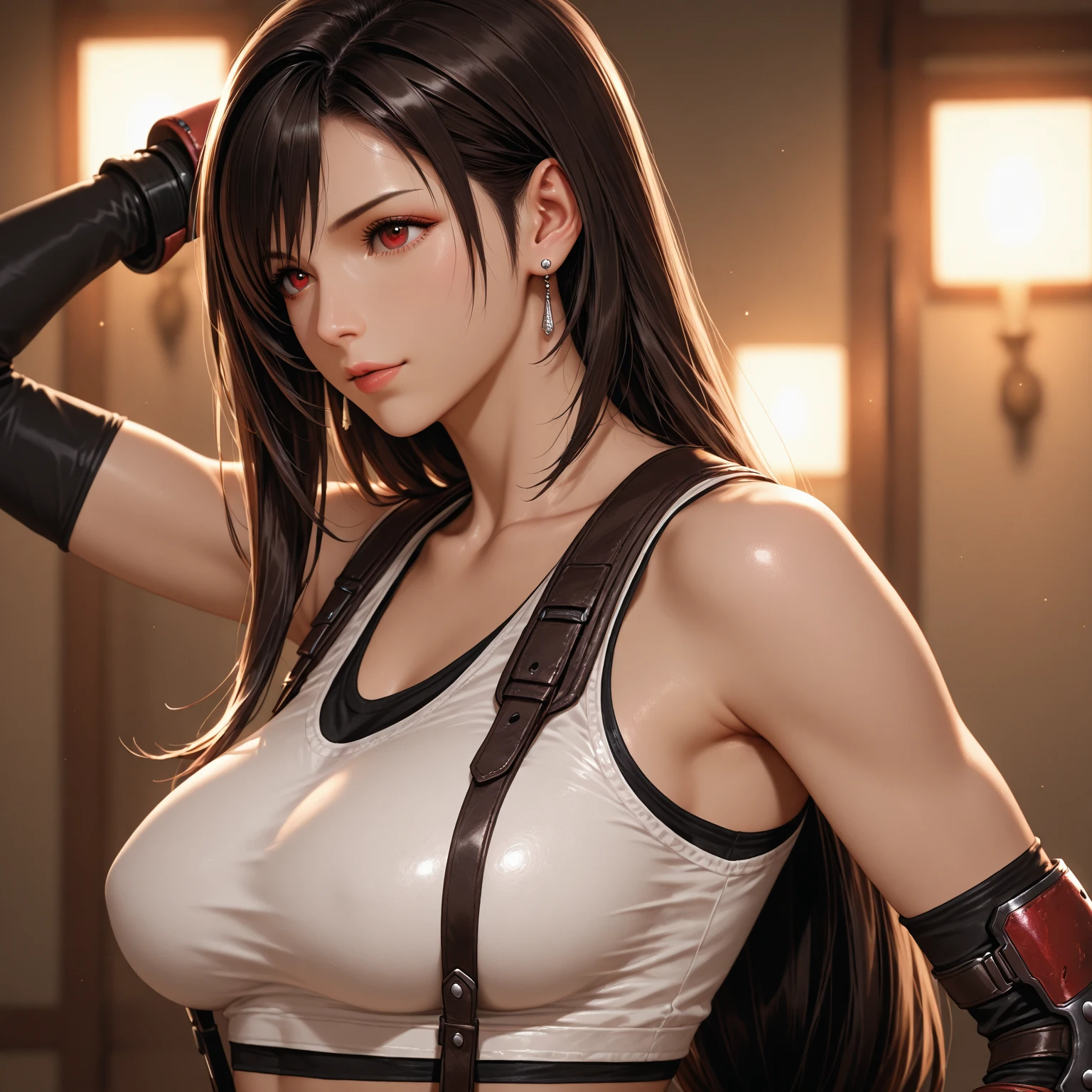 Final Fantasy VII, (nose blushing), 单面Elbow pads, Ankle boots, Black Hair, Black skirt, black High Leg Raise, Red Boots, Elbow gloves, Elbow pads, fingerless gloves, tight shirt, good exercise, (suspender Black skirt), High Leg Raise, White vest, The upper body is super realistic with thick muscles and oversized_breast!! Depending on breast type_melon, (巨大下垂的breast、Cleavage,)),cleveage、, Thick thighs,Perfect body,Black Hair, whole body, Look at the audience, Standing and posing at the bar, Sexy mouth, cosmetic, Bokeh, best quality, masterpiece, high resolution, Ultra HD, 1080p