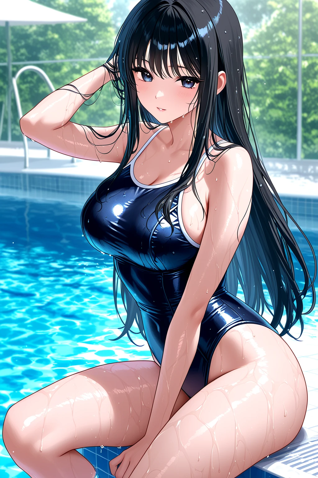 (Perfect hands, Perfect Anatomy:1.4), Satin Ruiko, alone,(Navy school swimsuit:1.5),(A neat figure,thin:1.4),(Hairstyle is a princess cut:1.5),(Black Hair:1.4), blue eyes, (Black Hairの:1.4),(Black Hairの:1.4),Long Hair,(Straight long hair:1.4), hair ornaments, (1 white flower decoration:1.4),(tsurime:1.4),(Sitting),(Broke up_lips:1.4),(Hime cut:1.4),(Large Breasts:1.4),(Put your hands behind your head:1.2), (Wicked Smile:1.4),20-year-old,(Wet:1.2),Sit on, (View your viewers:1.3),(View from below:1.3), (Pool,Poolサイドで:1.4),(Dazzling sunlight,summer:1.4)、 break (Hime cut:1.4),(masterpiece:1.5),(Extremely accurate details,Ultra-high resolution:1.4),Highly detailed CG Unity 8k wallpaper,(Realistic,Photorealistic,超Realisticな:1.5),(curve,model,Glamour:1.5),Beautiful breasts,color_aberration,Beautiful detailed shadows,Beautiful Eyes,Beautiful body,Beautiful Skin,Beautiful Hands,(Aesthetic Anime Eyes:1.4),(figure:0.8), (Beautiful attention to detail:1.4), Highly detailed face, Perfect lighting, Highly detailed CG, (Perfect hands, Perfect Anatomy:1.4),