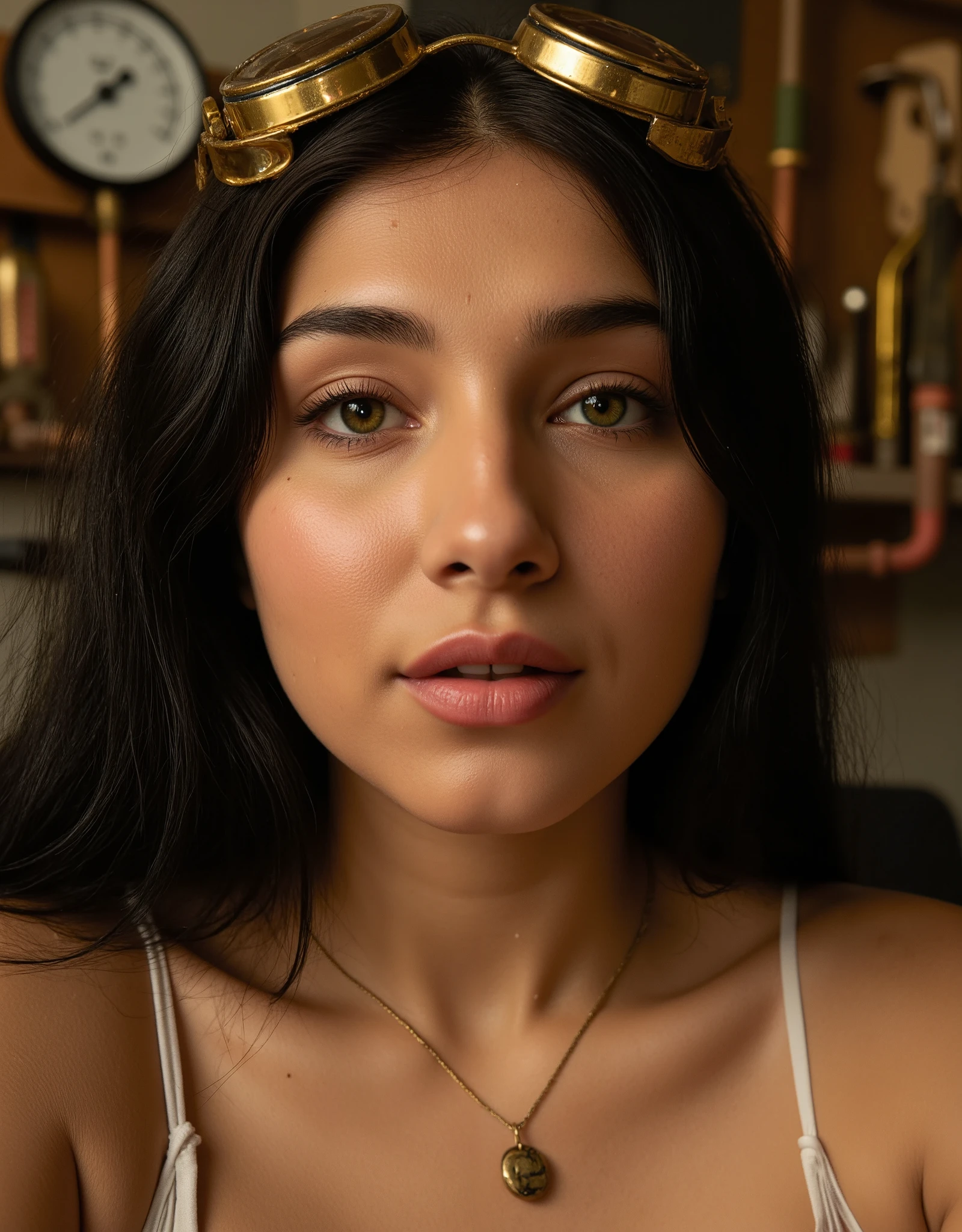  view from below, bottom view, (Tarasutaria), Romanticism art, face close up view polaroid of a petite beautiful woman , smooth skin, beautiful skin, mature feminine Somali face, shy smile, light green eyes, long eyelashes, beautiful silky black long hair messy hanging over face, futuristic, brass futuristic goggles on head, brass necklace, in workshop with brass gauges and copper pipes, steel wrenches, iron pliers. wet skin, [real wet skin, damp skin, humid skin, wet skin, skin moistened by sweat, dank skin, uncooked skin, sodden skin, soggy skin, dewy skin, moisture skin, humidity skin, moistness skin, wetness skin]. (rivulets of water descend on the cheeks, rivulets on face, trickling cheeks, trickling skin, trickling face, drips from face, drips from skin, water drops on skin, water drops on face). real skin, sun rays casting on face, /[UHD, masterpiece, very detailed real skin, (super realistic skin:1.2), sharp focus, ((skin marks, moles, smooth skin, real pores, moles on skin, stretch marks, natural skin:1.8)), Realistic skin details, skin imperfections, freckles, Visible pores, some blackheads on the skin, Skin with a little bit of hair, textured skin, high details, high quality, Extremely Detailed Natural Skin, Skin dents]/. wet hair,[damp hair,humid hair,wet hair,dank hair,uncooked hair,sodden hair,hair moistened by sweat,soggy hair,dewy hair,moisture hair,humidity hair,moistness hair,wetness hair,hair with water drops on].