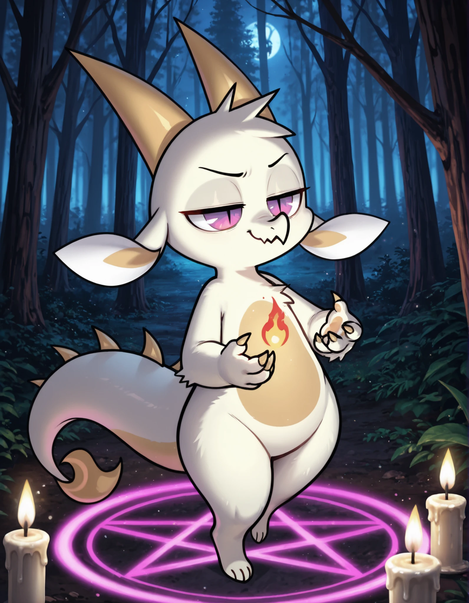 fw3nchfwy,, loonajizokustyle,, furry, anthro, solo, dragon, white fur, two-tone fur, horns, short hair, purple eyes, slit pupils, floppy ears, claws, spikes on back, tail,, high detail, 4k, high resolution, good_hands, Detailed background, forest, night, dynamic angle, summoning circle, pentagram, candles, solo, (Evil Fwench fwy), shortstack, half-closed eyes, seductive smile,