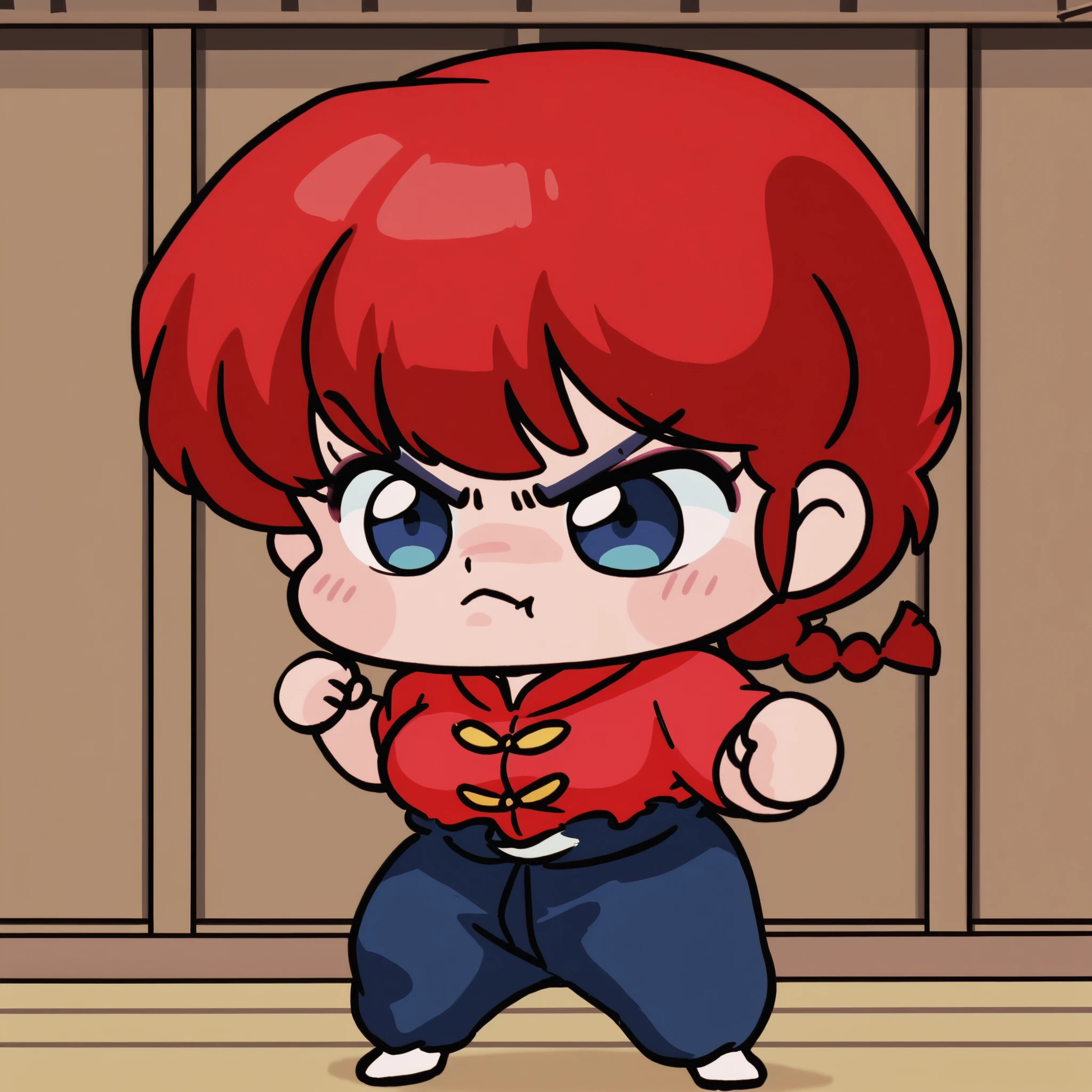  Ranma saotome , cabello rojo, hair with a braid, blue eyes, Big breasts, NSFW,  sexy hips, sexy waist, red shirt with yellow buttons, blue pants, Japanese Dojo , expression of relaxed, relaxed, closed mouth, loose mouth, by day, Dynamic movement, alone, without people in the background, pretty woman, Cute anime girl, blushed, standing, pose linda, imagen linda wallpaper, full body, chibi style, 