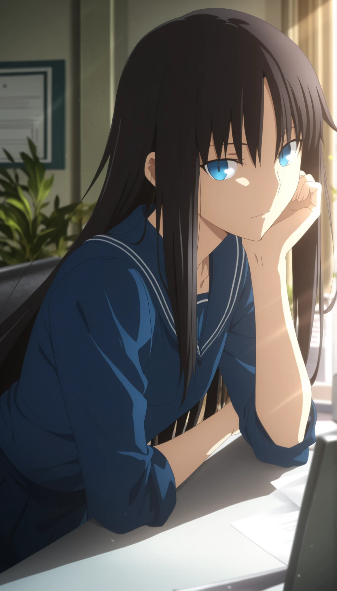 masterpiece, best quality, amazing quality, highres, absurdres, very aesthetic, high resolution, ultra detailed, perfect details, midnight,  ,indoors, ufotable style, , (from ,),((office)), plant, (sunlight), <lora:KnK_ryogi_manaXLIllustrious001>,
 
1girl, solo, (kara_no_kyoukai\) style, anime style,  (anime coloring), (anime screencap) ,((aged up:1.7)), head rest,
   
((very tall girl:1.5)), mature, slim body, slender body, ,Fate Grand Order, fate, ryougi mana, long hair, black hair, blue eyes,                                                   (sailor collar ,dark blue seifuku),  ,pleated skirt(), looking at viewer, (small breasts, flat chest), 