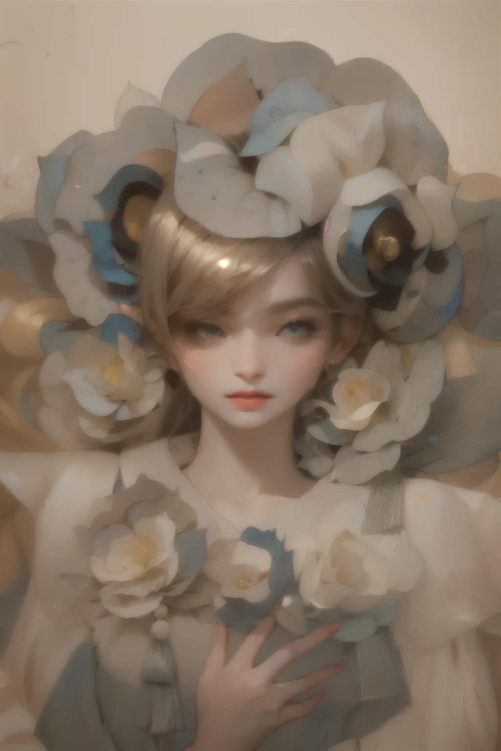 (The central focus is a decorative pattern that features stylized floral motifs and delicate, flowing lines. These elements are arranged in an almost symmetrical fashion, with a large, intricately drawn flower on the right side, which appears to unfurl elegantly across the canvas, adorned with delicate lace-like patterns. The use of soft gradients and subtle shading imbues the composition with depth and dimension.
The lower portion of the image reveals the shoulders and upper chest of a figure, draped in a garment embellished with delicate golden embroidery. The figure's attire echoes the floral themes present throughout the illustration, with patterns that complement the surrounding botanical artwork. The atmosphere is ethereal and dreamlike, evoking a sense of peaceful elegance and artistic sophistication. ม(masterpiece)), ((quality)), ((Best quality)), ((official art)),subsurface scattering,hudini,hdr,ambiant occlusion,Depth-of-field,Maximum clarity and sharpness,Multi-layered textures,PBR Texturing, Post-processing, Anisotropic Filtering, Depth-of-field, Maximum clarity and sharpness, Multi-layered textures, Albedo and Specular maps, Surface shading,Ray Tracing, NVIDIA RTX, Super-Resolution, Unreal 5, Accurate simulation of light-material interaction, Perfect proportions, Octane Render, Two-tone lighting, Wide aperture, Low ISO, White balance, Rule of thirds,Alphonse Mucha, Asian Painting, hwasanchiun, J.C. Leyendecker, Audrey Kawasaki,cyanparade kidchan,artgerm,sakimichan,maggi harem,james jean,akihiko yoshida,nocchi,kuri huang,janaschi,Jo chen,meisanmui