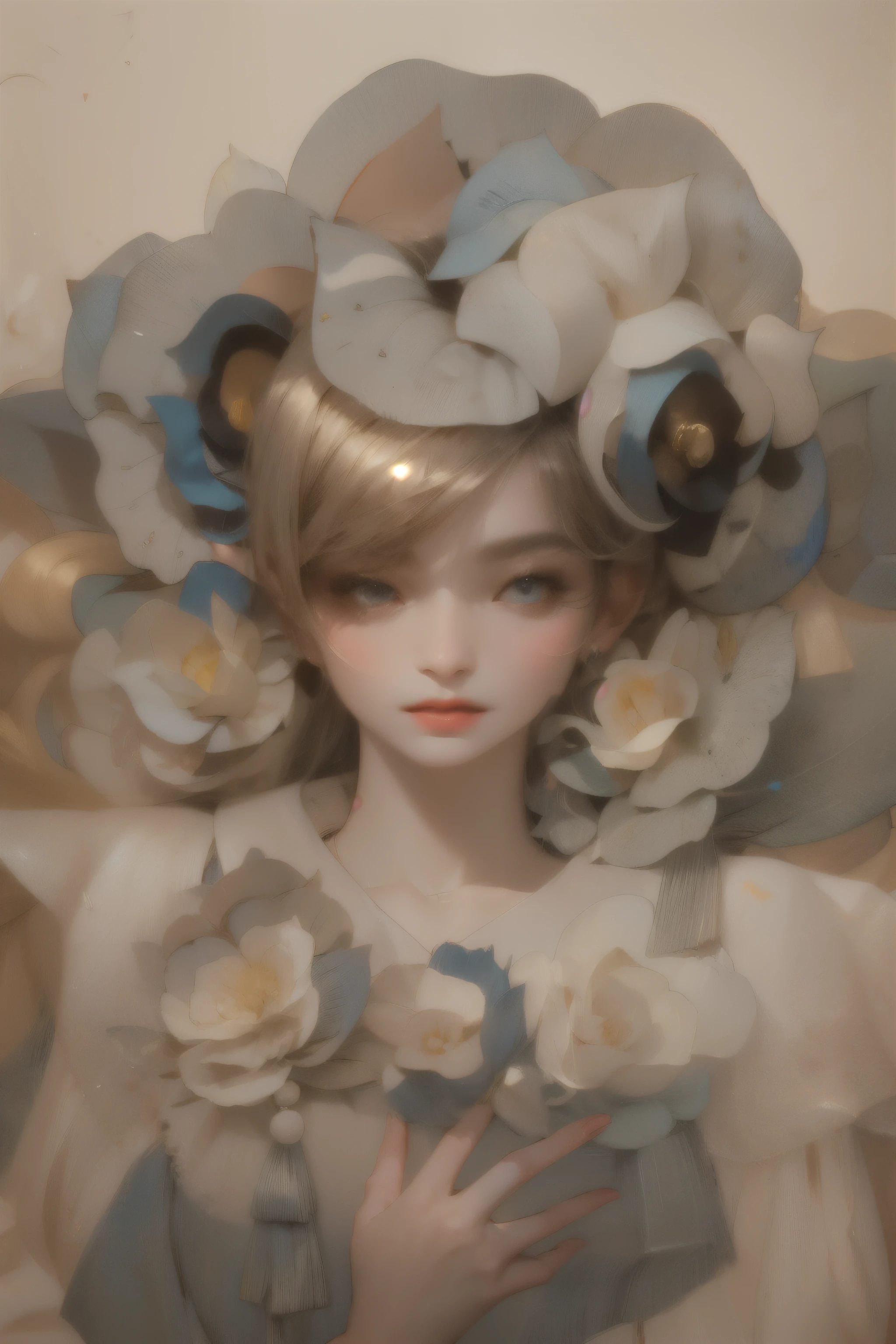 (The central focus is a decorative pattern that features stylized floral motifs and delicate, flowing lines. These elements are arranged in an almost symmetrical fashion, with a large, intricately drawn flower on the right side, which appears to unfurl elegantly across the canvas, adorned with delicate lace-like patterns. The use of soft gradients and subtle shading imbues the composition with depth and dimension.
The lower portion of the image reveals the shoulders and upper chest of a figure, draped in a garment embellished with delicate golden embroidery. The figure's attire echoes the floral themes present throughout the illustration, with patterns that complement the surrounding botanical artwork. The atmosphere is ethereal and dreamlike, evoking a sense of peaceful elegance and artistic sophistication. ม(masterpiece)), ((quality)), ((Best quality)), ((official art)),subsurface scattering,hudini,hdr,ambiant occlusion,Depth-of-field,Maximum clarity and sharpness,Multi-layered textures,PBR Texturing, Post-processing, Anisotropic Filtering, Depth-of-field, Maximum clarity and sharpness, Multi-layered textures, Albedo and Specular maps, Surface shading,Ray Tracing, NVIDIA RTX, Super-Resolution, Unreal 5, Accurate simulation of light-material interaction, Perfect proportions, Octane Render, Two-tone lighting, Wide aperture, Low ISO, White balance, Rule of thirds,Alphonse Mucha, Asian Painting, hwasanchiun, J.C. Leyendecker, Audrey Kawasaki,cyanparade kidchan,artgerm,sakimichan,maggi harem,james jean,akihiko yoshida,nocchi,kuri huang,janaschi,Jo chen,meisanmui