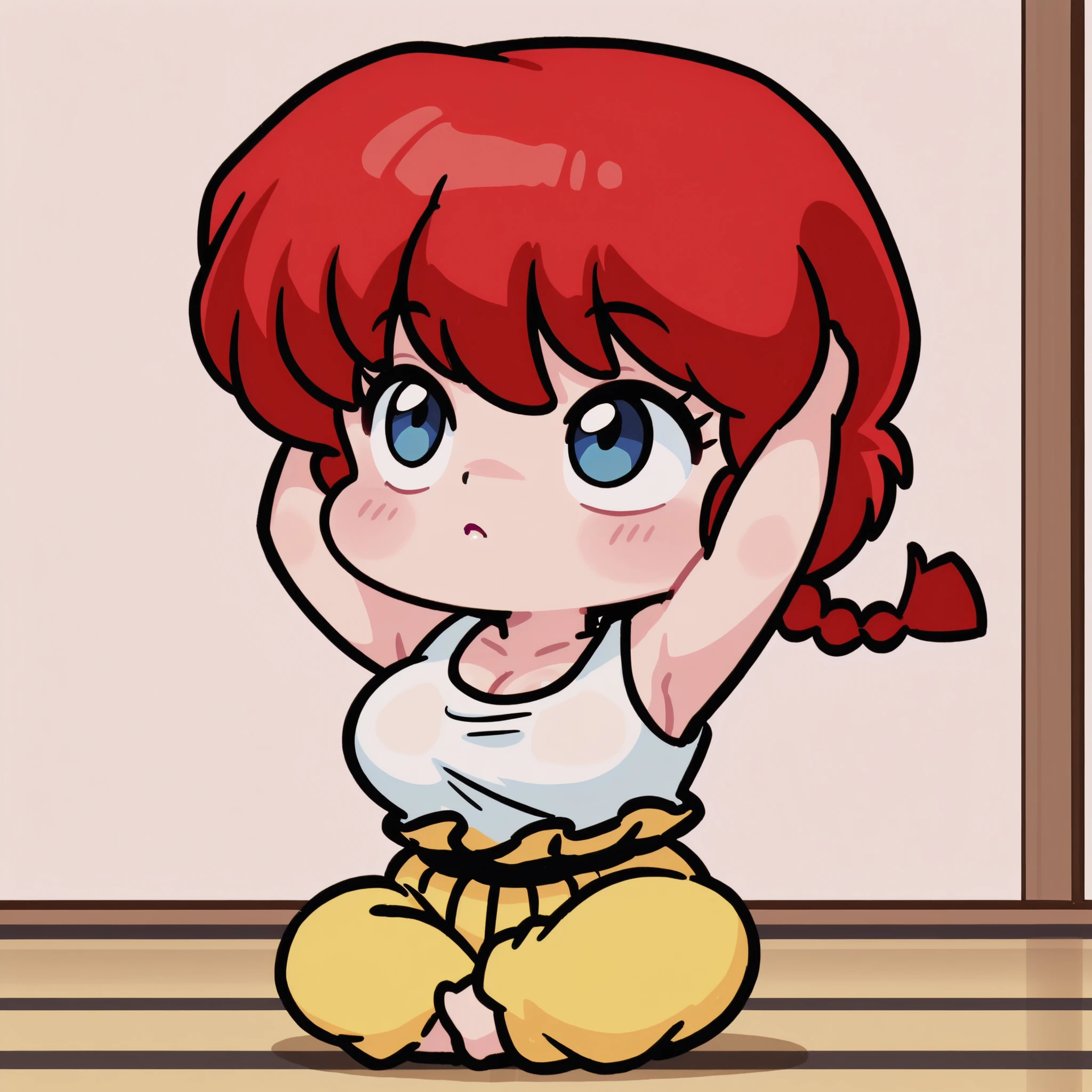  Ranma saotome , cabello rojo, hair with a braid, blue eyes, Big breasts, NSFW,  sexy hips, sexy waist, white tank top, yellow shorts, Japanese Dojo , LOOKING UP, by day, neutral gesture, relaxed, alone, without people in the background, pretty woman, Cute anime girl, blushed, Sitting cross-legged, arms up, hands behind the head, pose linda, imagen linda wallpaper, full body, chibi style, 