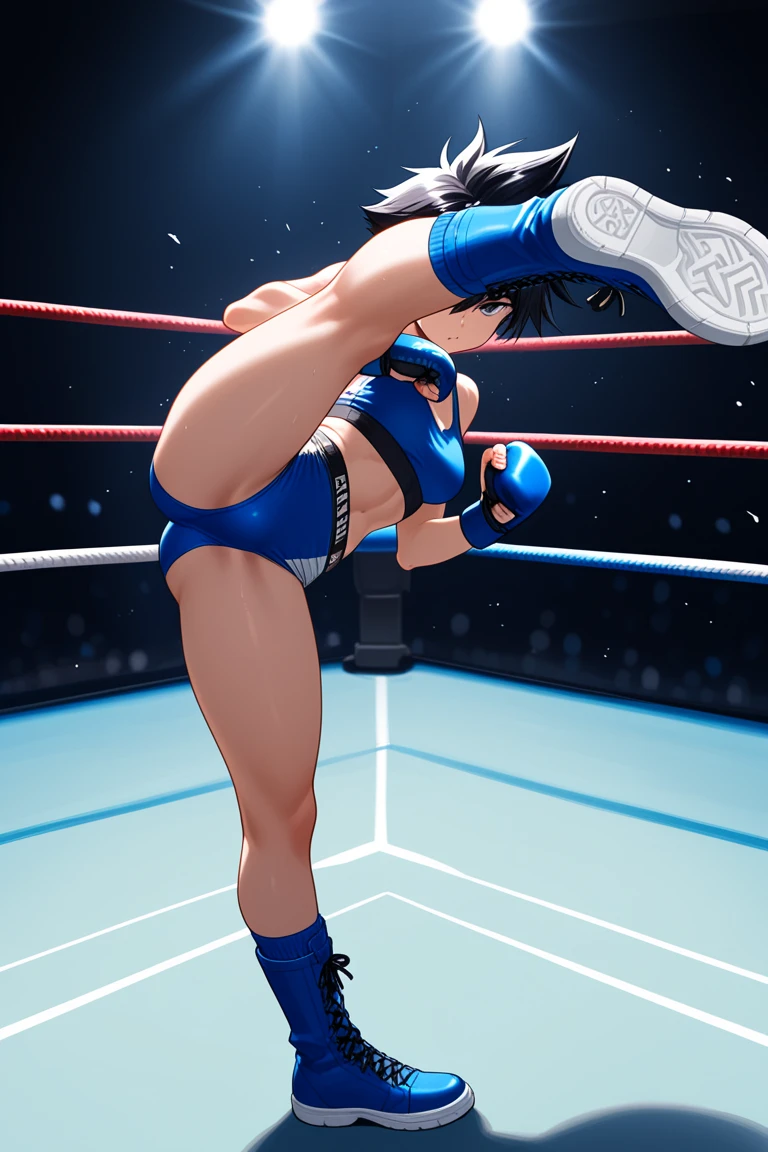 full body photographed、(highly detailed:1.2) ,ultra-detailed,top-quality,hight resolution,japanese mature woman,she is 45 years old,back facing,Big eyes、white sporty boots、knee brace,white competition swimsuit,gleaming skin,pro-wrestling venues、female pro-wrestler、（（On the ring of pro-wrestling：1.3））、tiny tit,skinny,（standing:1.3）,sweating,steam,shot from back,looking distantly.