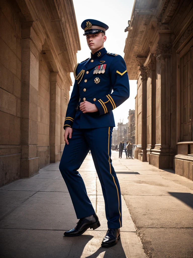 RAW photo, figma, a portrait photo of 20 y.o man wearing glasses, [(school boy uniform with ((blue school suit and blue school trousers with gold trim), (red school tie), (white socks), (black school shoes))):(christmas toy soldier costume):0.1] <lora:christmas_toy_soldier_costume-02:0.6>  <lora:figmaAnimeFigures_figma:0.9>, ((saluting:1.4) next to the castle school), out door, full body, 8k uhd, high quality, film grain, Fujifilm XT3,