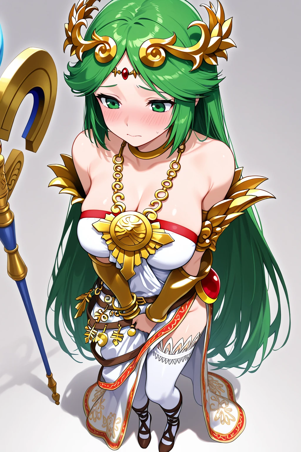 NSFW,((Perfect human body)),One male,, flat chest, feminine male, whole body,Character portrait,Skirt rolled up,star print panties,bulge in the crotch,Character portrait,bare shoulders, strapless dress, vambraces, belt, white dress, white thighhighs, single thighhigh, holding staff, palutena, parted bangs, tiara,
