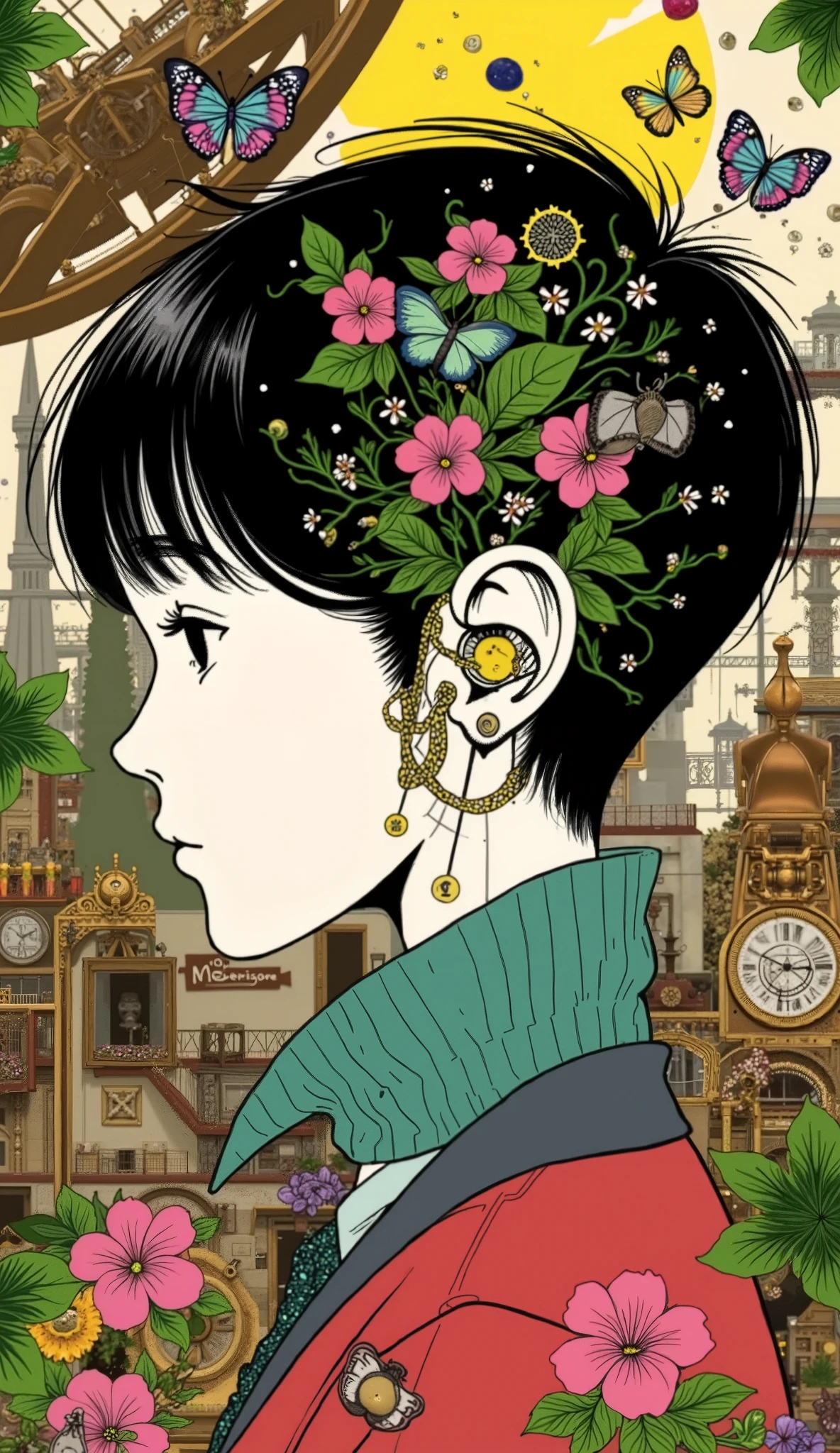 {
  "camera": {
    "angle": "Dynamic medium shot, with the camera orbiting the subject to reveal the 3D nature of the scene.",
    "lens": "Macro lens, highlighting the intricate details of the hair and the textures of the surroundings.",
    "framing": "Head and shoulders shot, emphasizing the subject's intense focus and the striking nature of their hairstyle."
  },
  "subject": {
    "description": "A person with a meticulously crafted, topiary-like crew cut. Their hair is a living garden, with tiny, delicate flowers and miniature vines growing from the meticulously trimmed strands."
  },
  "Visualstyle": [
    "Anime",
    "Surreal",
    "Steampunk",
    
  ],
  "environment": {
    "setting": "An ancient, abandoned clockwork city where time has stopped. Giant gears and cogs are frozen mid-rotation, and rusted metallic vines are overgrown with flora.",
    "architecture": "Ornate, Victorian-era clock towers and factories, now reclaimed by nature.",
    "props": "Tiny, humming mechanical butterflies that float around the subject, and rusted pocket watches overgrown with moss."
  },
  "lighting": {
    "sources": [
      "The gentle, warm light of a distant, colossal automaton's glowing heart",
      "Soft light filtering through the overgrown metallic vines",
      "Pinpricks of light from the humming butterflies"
    ],
    "quality": "Soft and golden, with a dreamy, almost magical quality. Dust motes dance in the air, catching the light."
  },
  "style": {
    "direction": "Peculiar, whimsical, and slightly melancholic, with a focus on the delicate balance between nature and machine.",
    "overlays": "Subtle, sparkling fairy dust that drifts around the subject's hair and the mechanical butterflies."
  },
  "color": {
    "palette": "A muted palette of bronze and rust, punctuated by vibrant pops of green from the flora and pink from the flowers.",
    "grading": "A warm, sepia tone that gives the scene a sense of age and nostalgia."
  },
  "rendering": {
    "engine": "Redshift",
    "spec": "Complex particle systems for the dust motes and fairy dust, detailed shaders for the rusted metal and organic materials."
  },
  "negativePrompt": [
      "harsh shadows",
      "digital feel",
      "unnatural hair",
      "plain background",
      "modern"
    ]
  }
