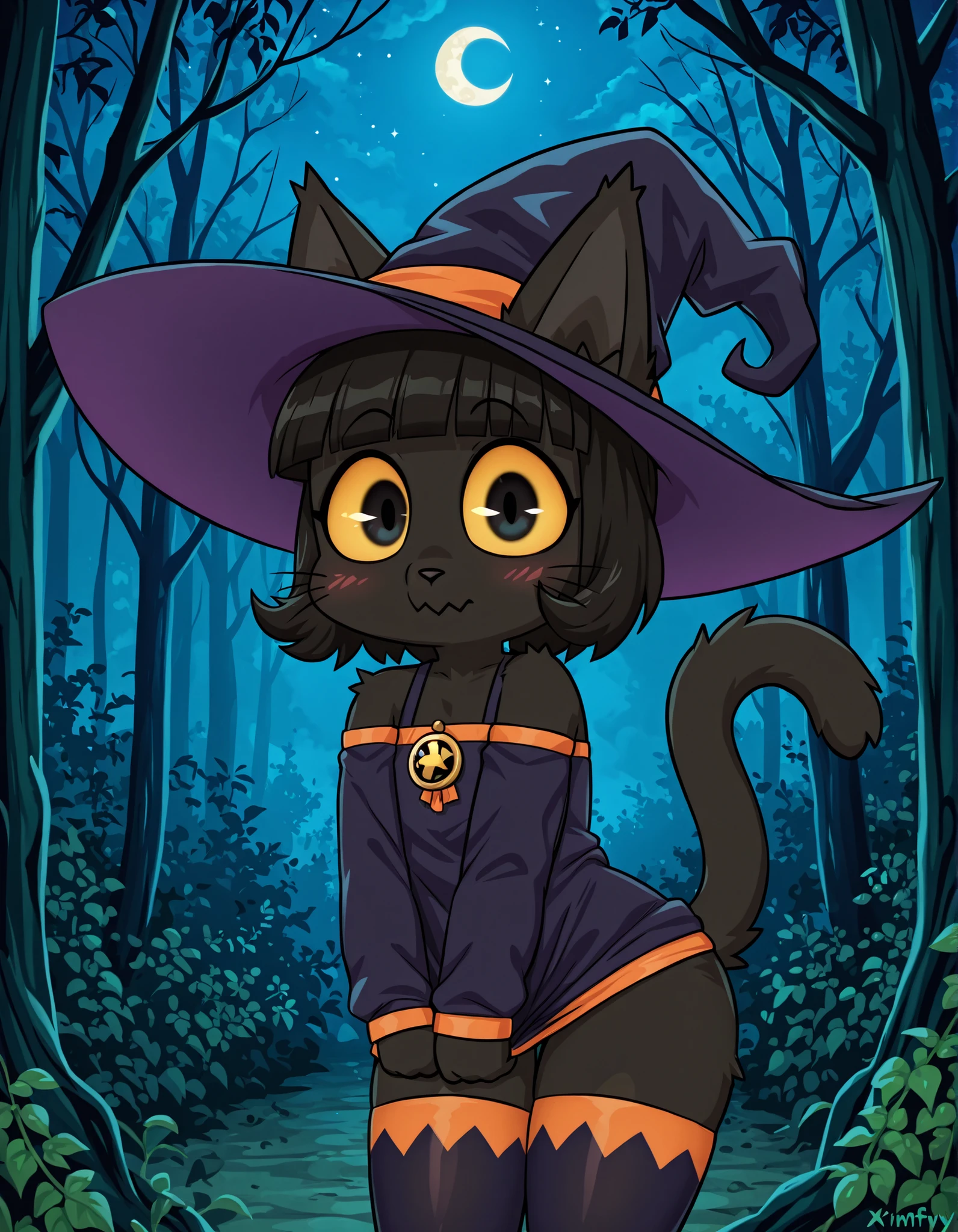 fw3nchfwy,, solo, high detail, 4k, high resolution, Detailed background, spooky forest, night, (Ivy pepper, blunt bangs, black eyes, yellow sclera, furry, dark skin, dark fur, anthro cat, whiskers, cute), (witch hat, witch outfit, stockings)