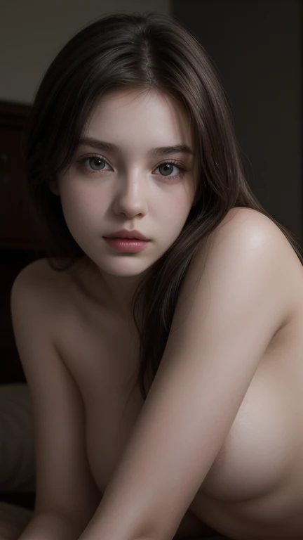 a beautiful young russian girl, nude, with pubic hair, detailed face, detailed eyes, detailed lips, high quality, hyper realistic, 8k, detailed body, detailed skin, detailed hair, natural lighting, warm color tones, intricate details, cinematic composition, masterpiece