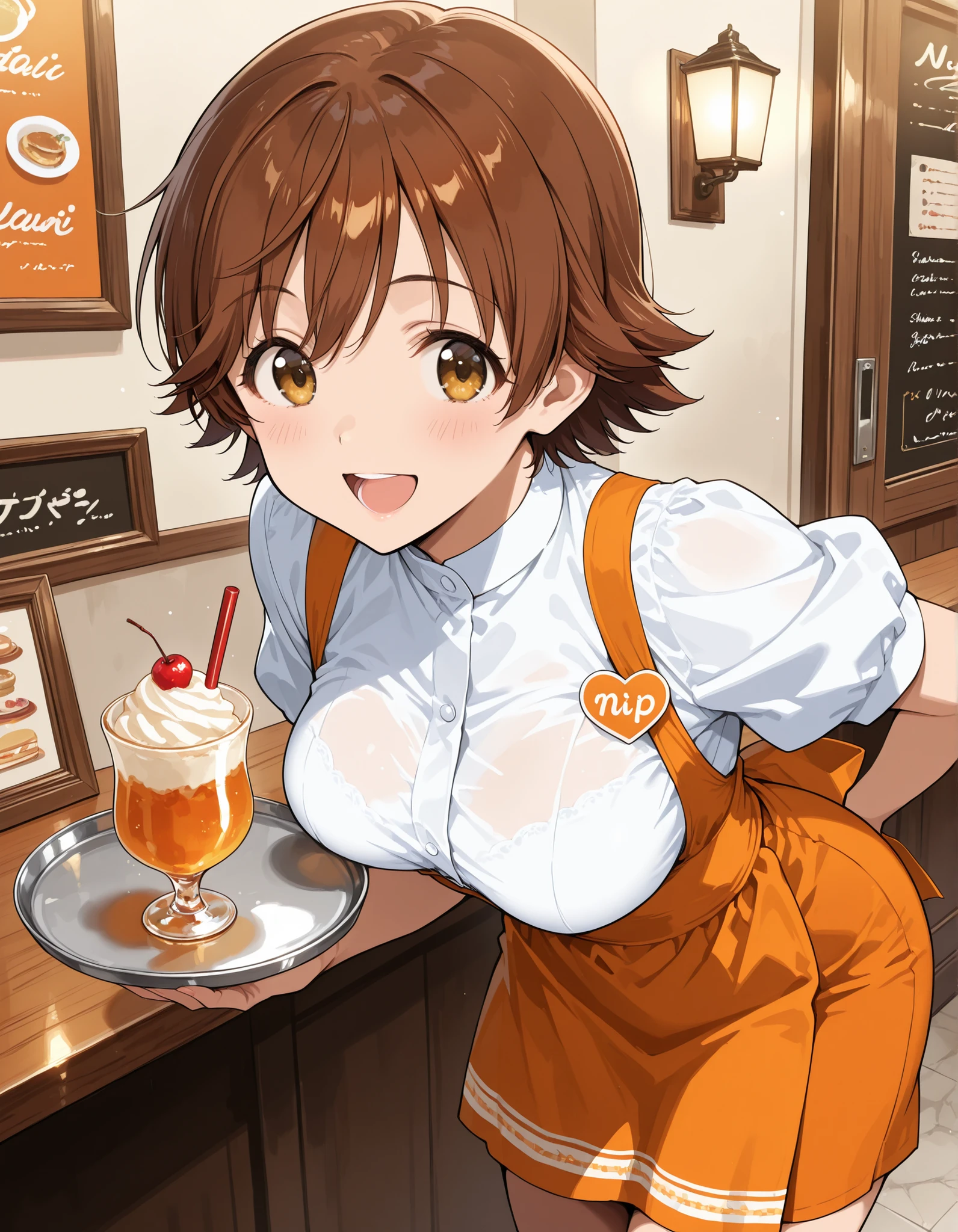 Score_9, score_8_up, score_7_up, source_anime, honda mio, solo, short hair, brown hair, brown eyes, medium breasts, (best quality), (high quality), {masterpiece}, extremely delicate and beautiful, ultra-detailed, beautiful detailed eyes, anna miller, waitress, white shirt, short sleeves, puffy sleeves, orange suspender skirt, high-waist skirt, waist orange apron, name tag, restaurant, indoor, holding silver tray, smile, open mouth, leaning forward