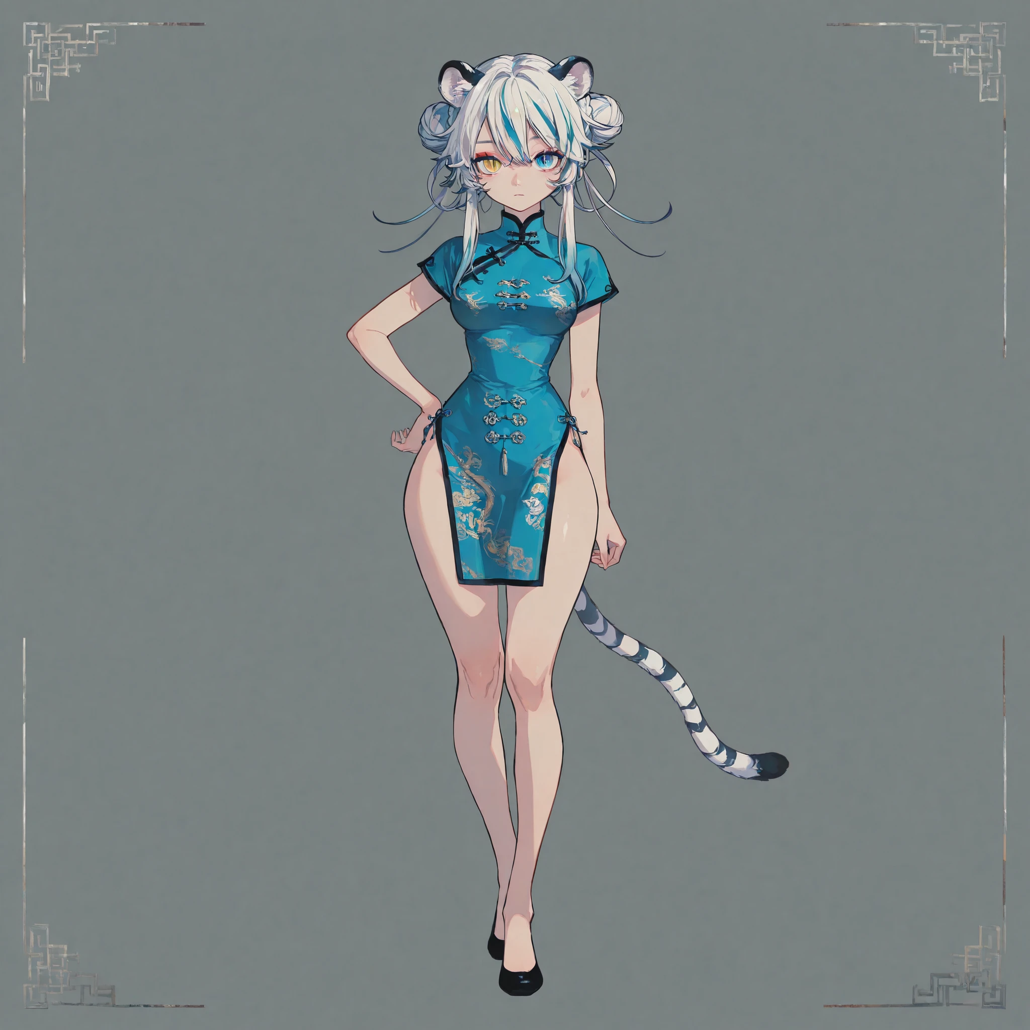 masterpiece, ultra-HD, impressionism, high detail, best quality, very aesthetic, 8K, best quality, beautiful, ultra-high resolution, 32K UHD, 4ki4k4ne_illu, 1girl, solo, short white hair, hair buns, light blue hair, multicolored hair, long locks, heterochromia, yellow eye, blue eye, almond-shaped eyes, eyelashes, red eyeshadow, slit pupils, tiger tail, tiger ears, medium breasts, wide hips, narrow waist, thick thighs, slim, blue qipao dress, chinese clothes, short sleeves, blushed, expressionless, hand on hips, standing, full body, looking at the viewer, simple background, front view