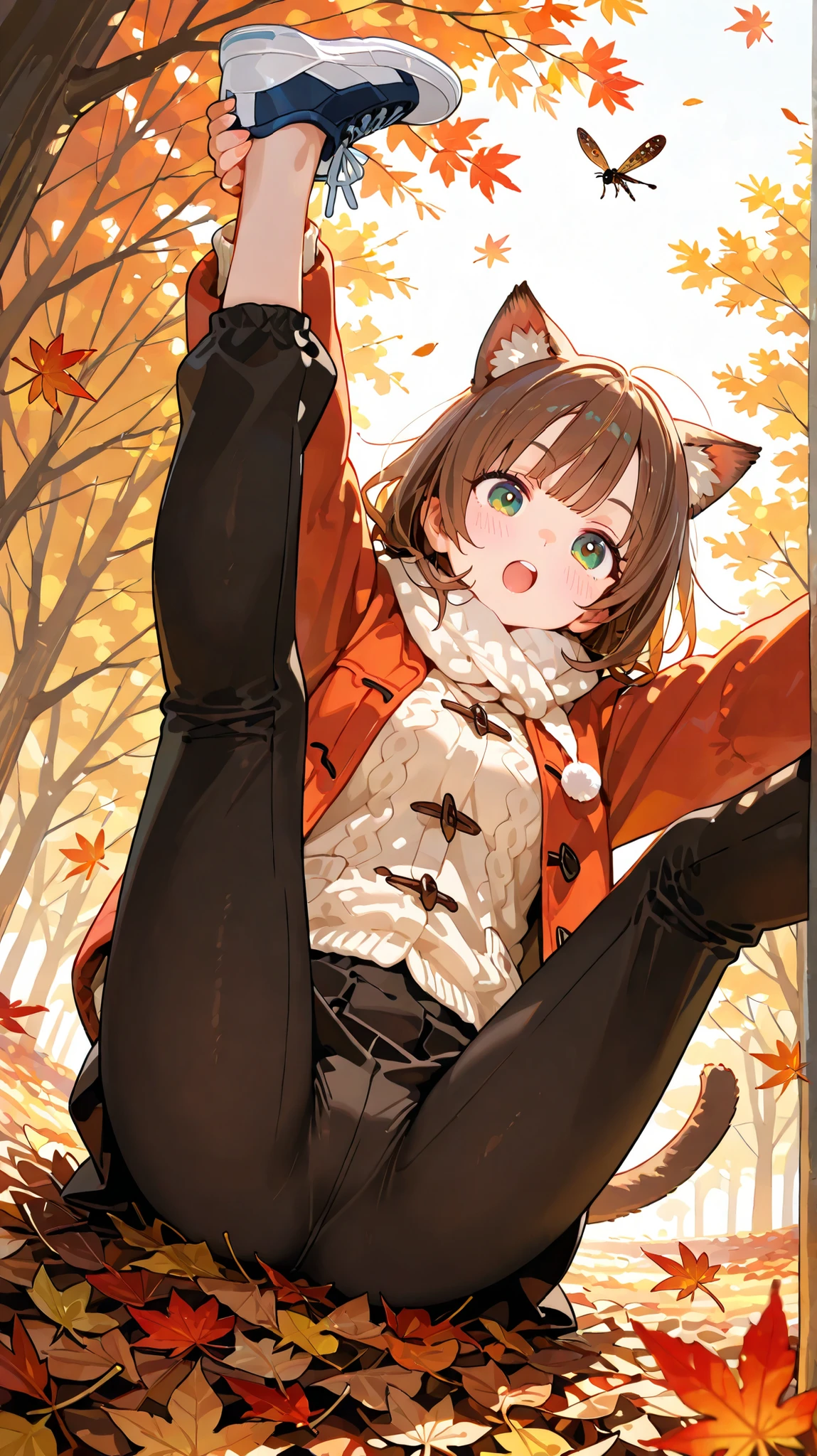 girl, autumn, jumps into a pile of leaves, has a dynamic pose, close, leaves fly apart, she has warm autumn clothes, autumn vibe