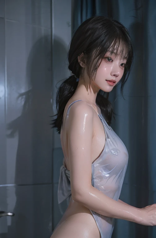 high quality, detailed,she is taking a shower,lots of white water droplets.(at night:2.0),green eyes.she is 13 years old japanese gal,prostitute,in the shower room,she has a mole under her eye,(very very very very small breasts),(wearing long sleeve white oversized t-shirt dress,offshoulder,very very wet thin fabric shirt,),blunt bangs,((bob hair,very wet hair and wet face,shiny face)),((wearing overknee socks)),slender,face up,nipples,temptation,orgasm,