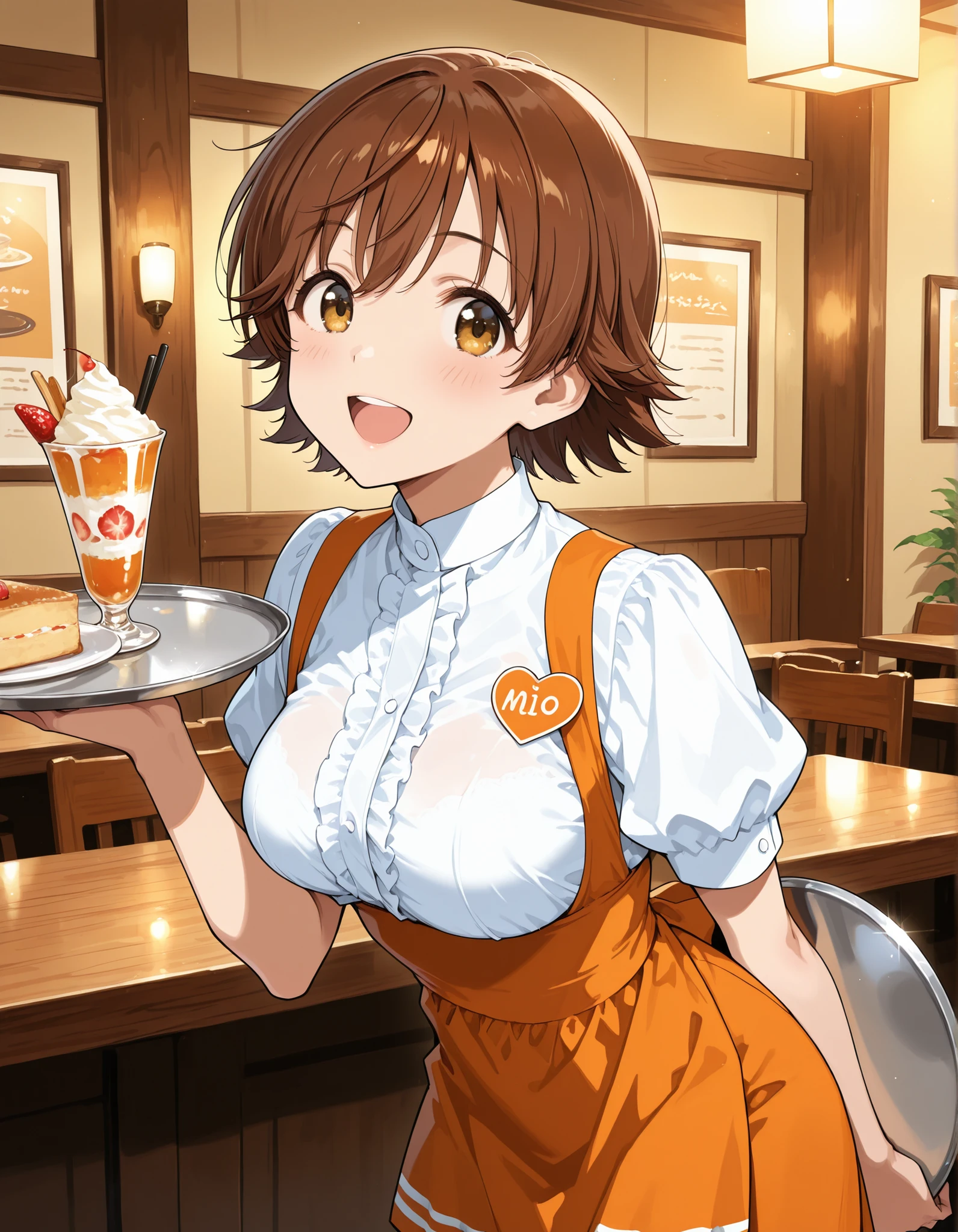 Score_9, score_8_up, score_7_up, source_anime, honda mio, solo, short hair, brown hair, brown eyes, medium breasts, (best quality), (high quality), {masterpiece}, extremely delicate and beautiful, ultra-detailed, beautiful detailed eyes, anna miller, waitress, white shirt, short sleeves, puffy sleeves, orange suspender skirt, high-waist skirt, waist orange apron, name tag, restaurant, indoor, holding silver tray, smile, open mouth, leaning forward