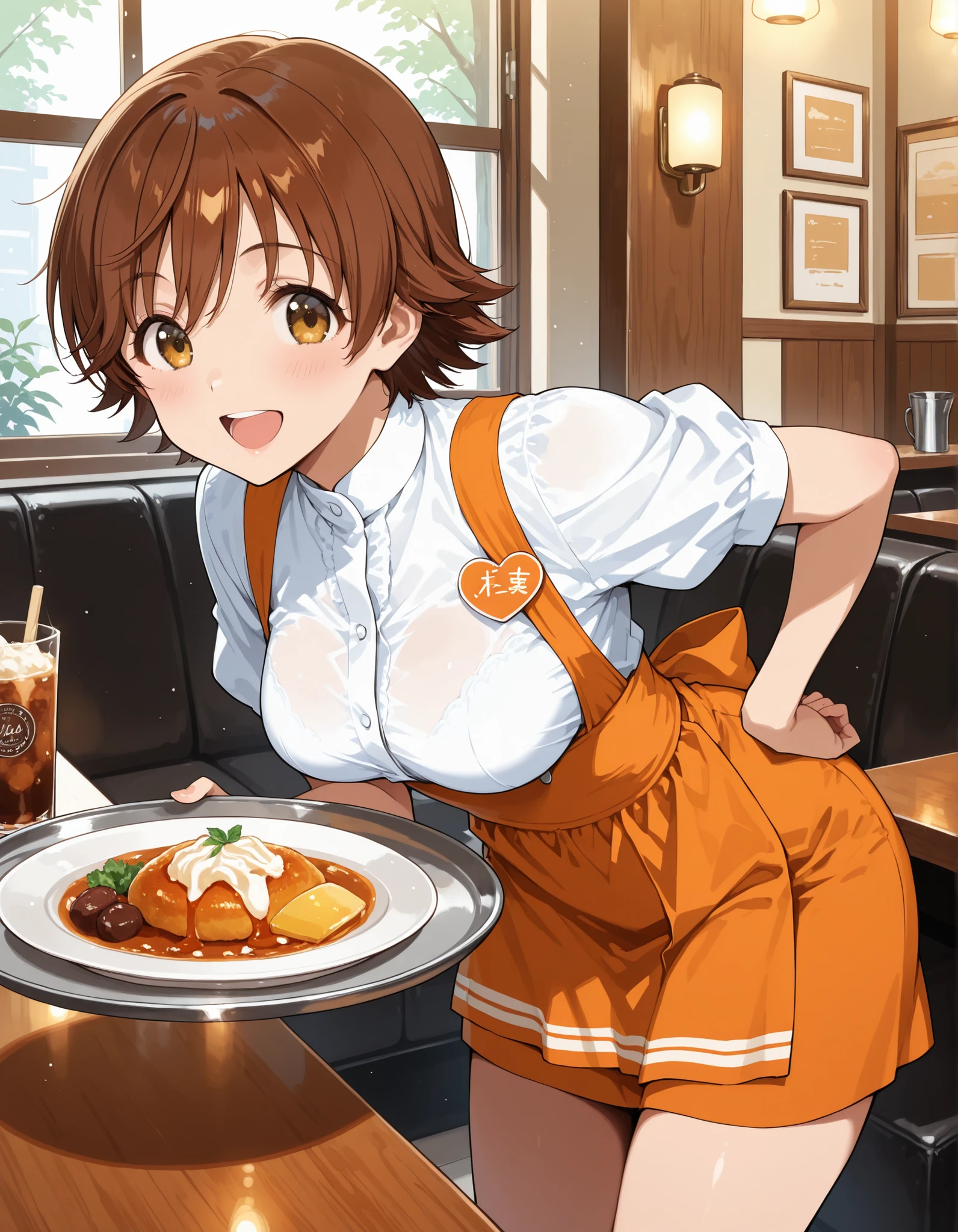 Score_9, score_8_up, score_7_up, source_anime, honda mio, solo, short hair, brown hair, brown eyes, medium breasts, (best quality), (high quality), {masterpiece}, extremely delicate and beautiful, ultra-detailed, beautiful detailed eyes, anna miller, waitress, white shirt, short sleeves, puffy sleeves, orange suspender skirt, high-waist skirt, waist orange apron, name tag, restaurant, indoor, holding silver tray, smile, open mouth, leaning forward
