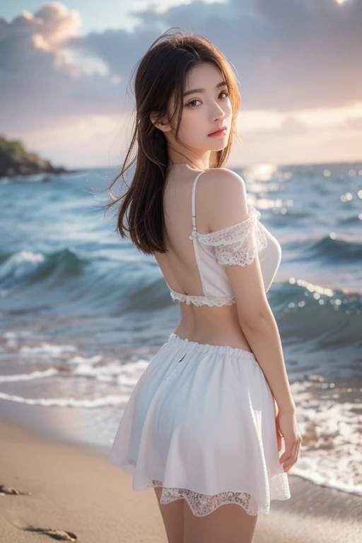 solo Detailed and realistic portrait of a beautiful young Asian woman。She has long light brown hair and big light brown eyes. ((medium breast, tomboy girls, small head)), daylight, sunlight, (chiseled abs : 1.1), (perfect body : 1.1), auburn hair, collar, chain, full body shot, , Top quality, 1 beautiful woman, long Hair, brown hair, A beautiful woman, wearing only a white shirt, is standing in the sea with water up to her waist. She is completely drenched, her shirt clinging to her body. She is looking at the camera with a bright smile, like in a gravure photo shoot.
（detailed CG 8k wallpaper), (an extremely delicate and beautiful), (masterpiece), (best quality:1.0), (ultra highres:1.0),  beautiful lighting ,perfect lightning, realistic shadows, [highres], detailed skin, ultra-detailed