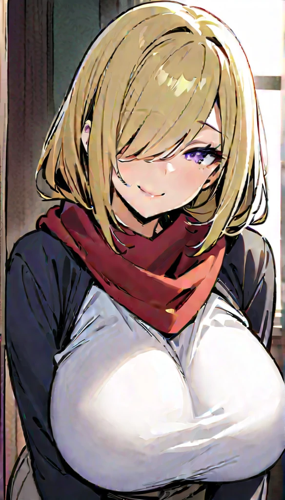 ((Best Quality)), ((Masterpiece)), (detailed), 1 girl, Pastel yellow hair, wide, hair covers one eye, purple eyes, tight, big breasts, big thighs, expression smiling shy, White T-shirt, black sweater, Red scarf, Gray pants, at home, looking at the viewer trying to surprise him,