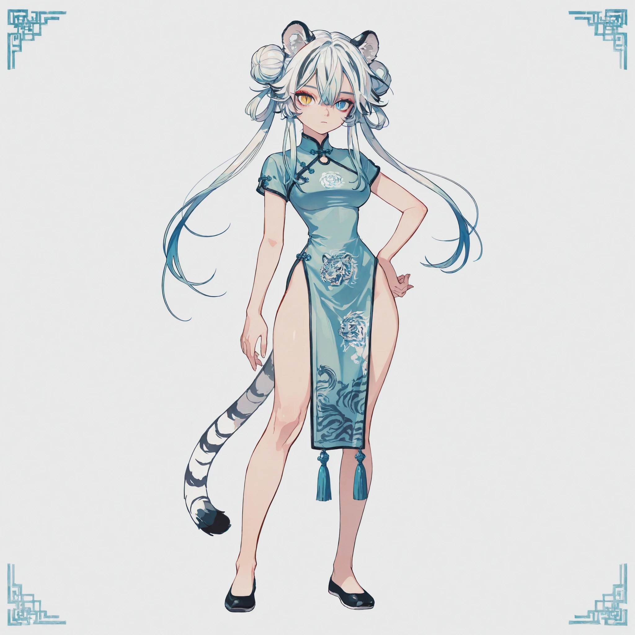 masterpiece, ultra-HD, impressionism, high detail, best quality, very aesthetic, 8K, best quality, beautiful, ultra-high resolution, 32K UHD, 4ki4k4ne_illu, 1girl, solo, short white hair, hair buns, light blue hair, multicolored hair, long locks, heterochromia, yellow eye, blue eye, almond-shaped eyes, eyelashes, red eyeshadow, slit pupils, tiger tail, tiger ears, medium breasts, wide hips, narrow waist, thick thighs, slim, blue qipao dress, chinese clothes, short sleeves, blushed, expressionless, hand on hips, standing, full body, looking at the viewer, simple background, front view