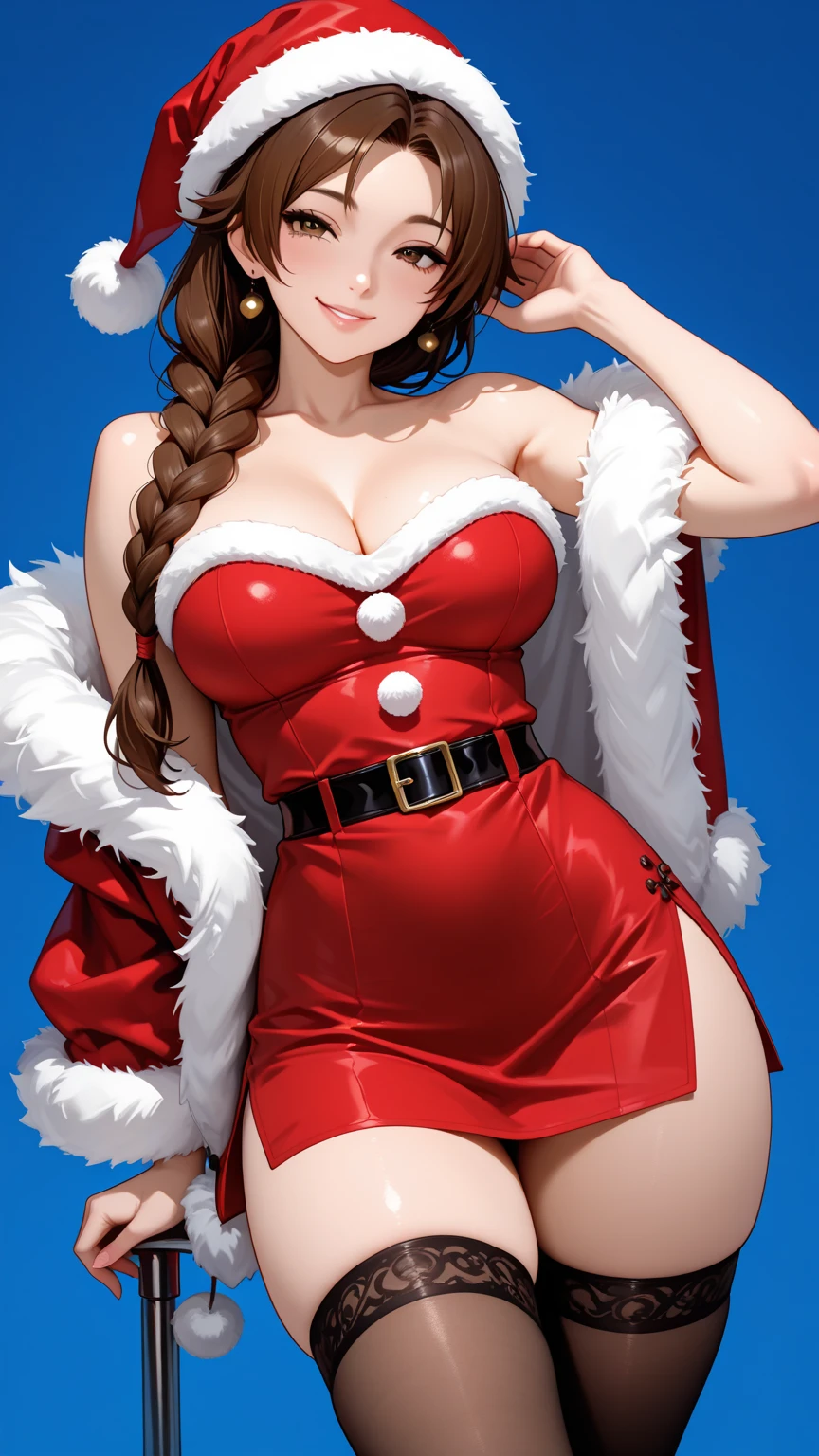 (masterpiece, best quality:1.3), Cinko_Draw, 1girl, solo, looking at viewer, wide hips, mature female, closed mouth, seductive smile, large breasts, cowboy shot, thick thighs, <lora:Cinko_Draw Style Lora:.85>, Santa hat, santa costume, hand on hip, black hair, bangs, leotard, long hair, cleavage, blunt bangs, gloves, brown eyes, highleg, white gloves