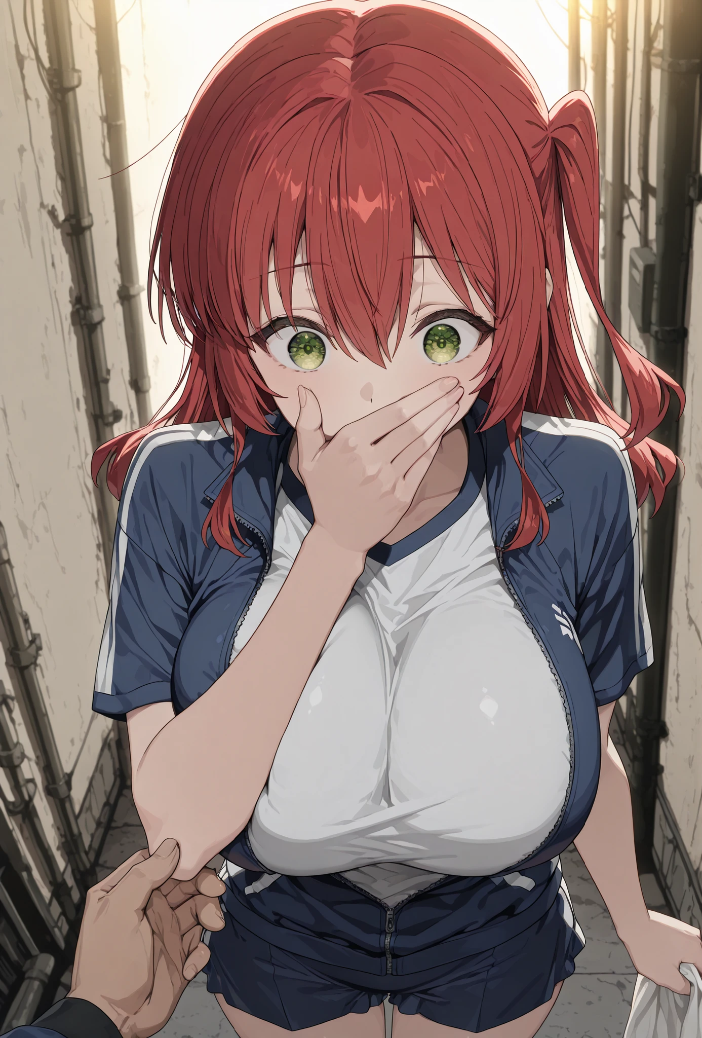 masterpiece, best quality ,
ikuyo kita, green eyes, hair between eyes, long hair, one side up, red hair, (Huge breasts,long breasts),
(masterpiece, best quality, ultra-detailed, anime illustration), slightly angled front view, anime girl in foreground, standing, surprised expression, wide open eyes, man standing close behind her, partially visible, man's left hand covering her mouth with a cloth, man's right hand holding her waist, man's face out of frame, blue sports jacket unzipped revealing black athletic t-shirt, navy sports bloomers, narrow empty alley background, cinematic lighting with dramatic shadows, soft warm sunlight partially hitting face and hair, depth of field, perfect skin texture, 8k
