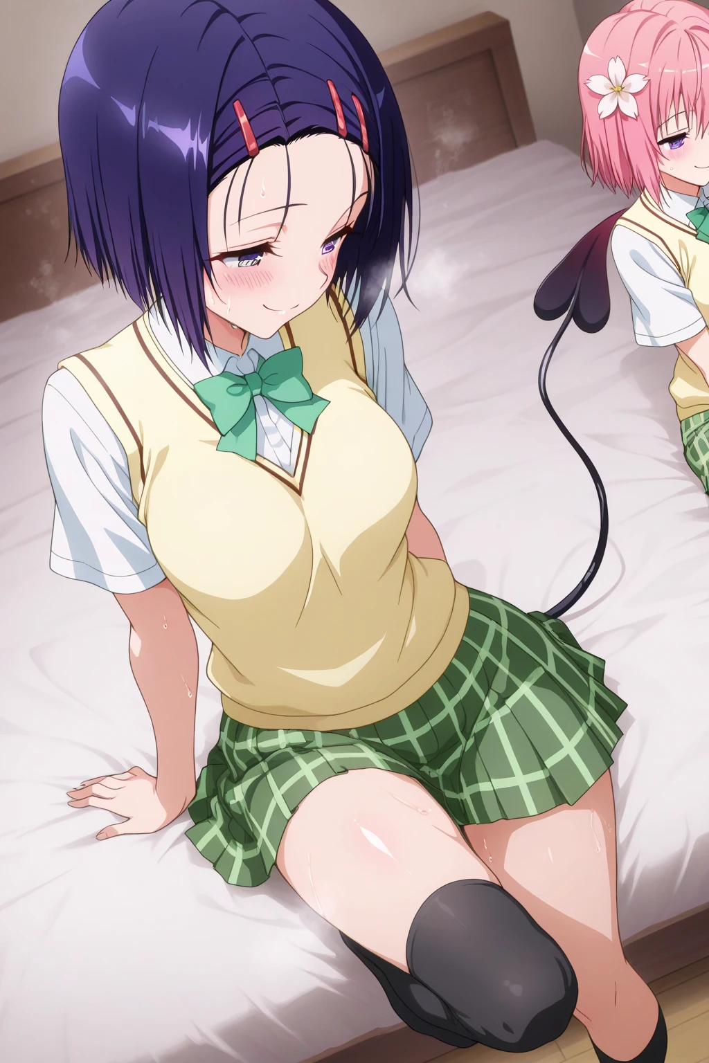 naomidorikawa, Nao Midorikawa, short hair, (Green Eyes:1.3), ponytail, Green Hair, ribbon, hair ribbon, smile,
break skirt, , tie, Rolled up my sleeves, Sweater vest, green tie, nanairogaoka middle ,Thighs、Bed、blush、Shame face、(((Panty shot、Skirt lifted、Cute white panties)))、Sit on the sofa、Spread your legs wide、
break indoors,classroom,
break looking at viewer, Dynamic pose,
break (masterpiece:1.2), Highest quality, High resolution, unity 8k wallpaper, (figure:0.8), (Beautiful attention to detail:1.6), Highly detailed face, Perfect lighting, Highly detailed CG, (Perfect hands, Perfect Anatomy),