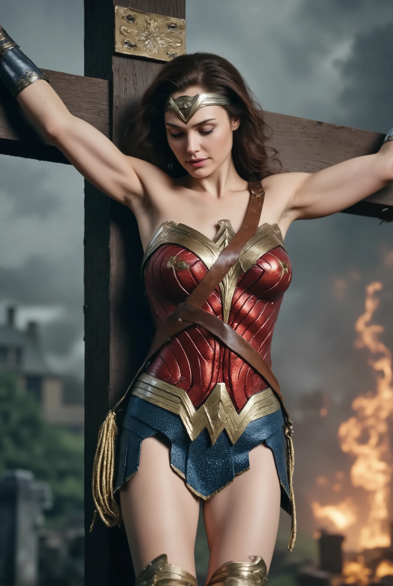 rain,Heavy rain,豪rain,In the midst of a storm,Full body soaked,my hair is soaked,dripping water,((crucifixion)),(cross),(execution),((incontinence)),Bruises on the face,facial scars,close ~ eye,sleeping face,syncope,((Woman in crucifixion at the cross:1.5)),crucifixion刑,(wonder woman),torn costume,tattered clothes,Bruises on the face or body,masterpiece、fine eye、puffy eye、highest quality, 超High resolution, (reality: 1.4), movie lighting、(Ultra-realistic)、(High resolution)、(8k)、(very detailed)、(Super detailed)、 detailed face、bright lighting、professional lighting、slanted bangs、brown hair、20-year-old,wonder womanティアラ, whole body visible, full body shot, ((unconsciousness:1.8)), (injury:1.4)