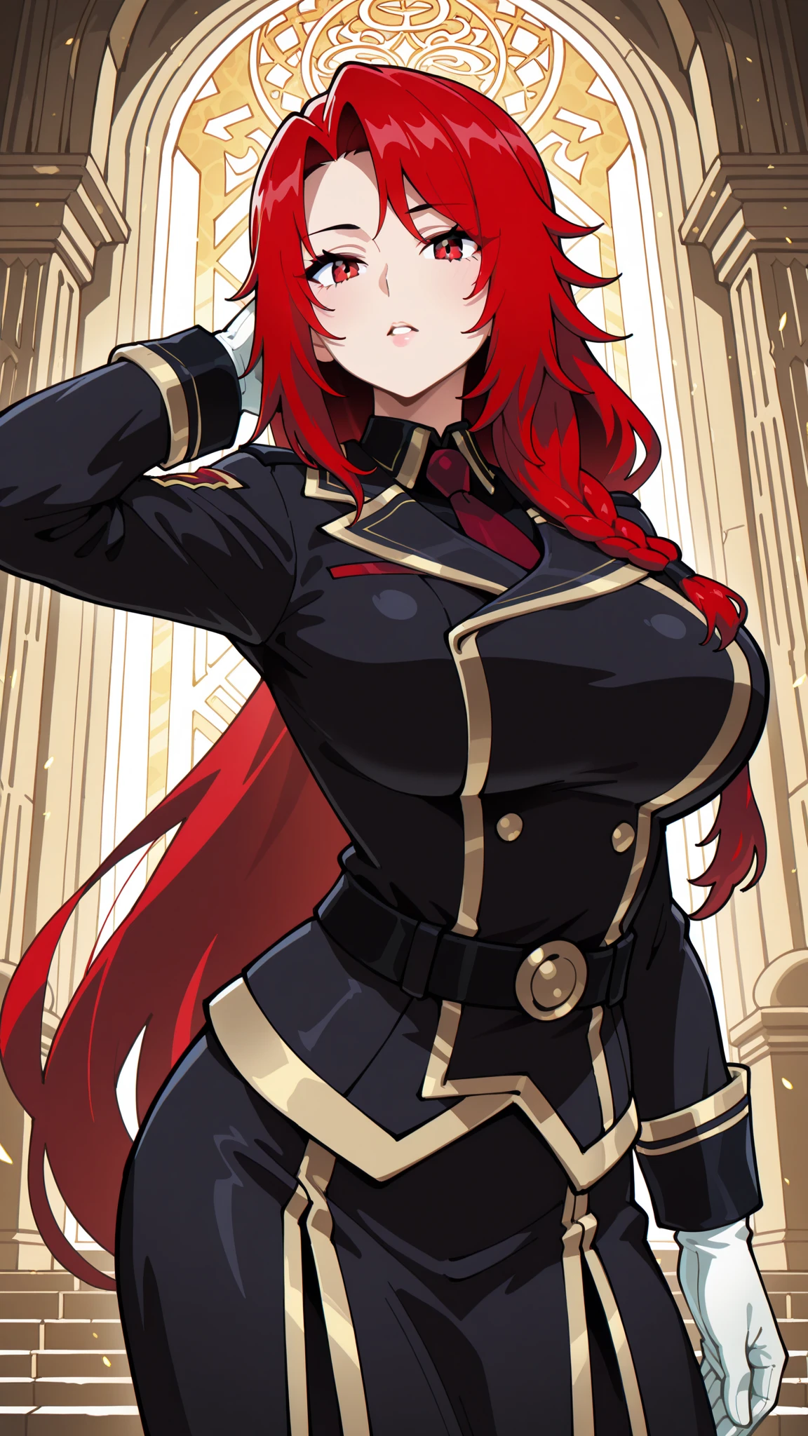 boku no hero style, my hero academia style, anime style, no errors, perfect hands, 1 woman, heroine, no cape, white clothes, long braided hair, dark red hair, blue hair tips, blue eyes, perfect body, huge breasts, fat ass, very thick thighs