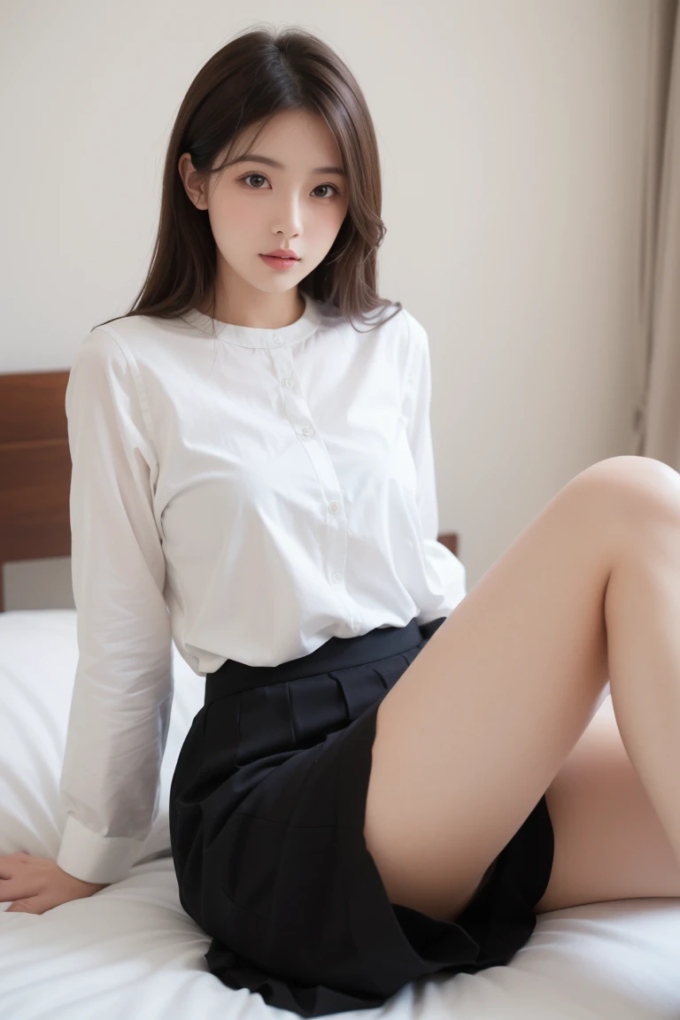 ultra highres,(reality: 1.4),highest quality, masterpiece, high detail, 16K quality, beautiful, 1 beautiful girl,japanese,super beautiful face,baby face,japanese idol face,cute face,super detailed face,detailed hand,beautiful skin,sweaty skin,big eyes,big smile,profeccional lighting,pony tail, black hair,brown beautiful eyes, see through white shirt,cleavag,checked skirt,sitting with knee up,((spread legs)),skirt lift,(((show off panty))),((white panty)),medium breasts,she is looking at the camera,modern style classroom,nsfw,from front,