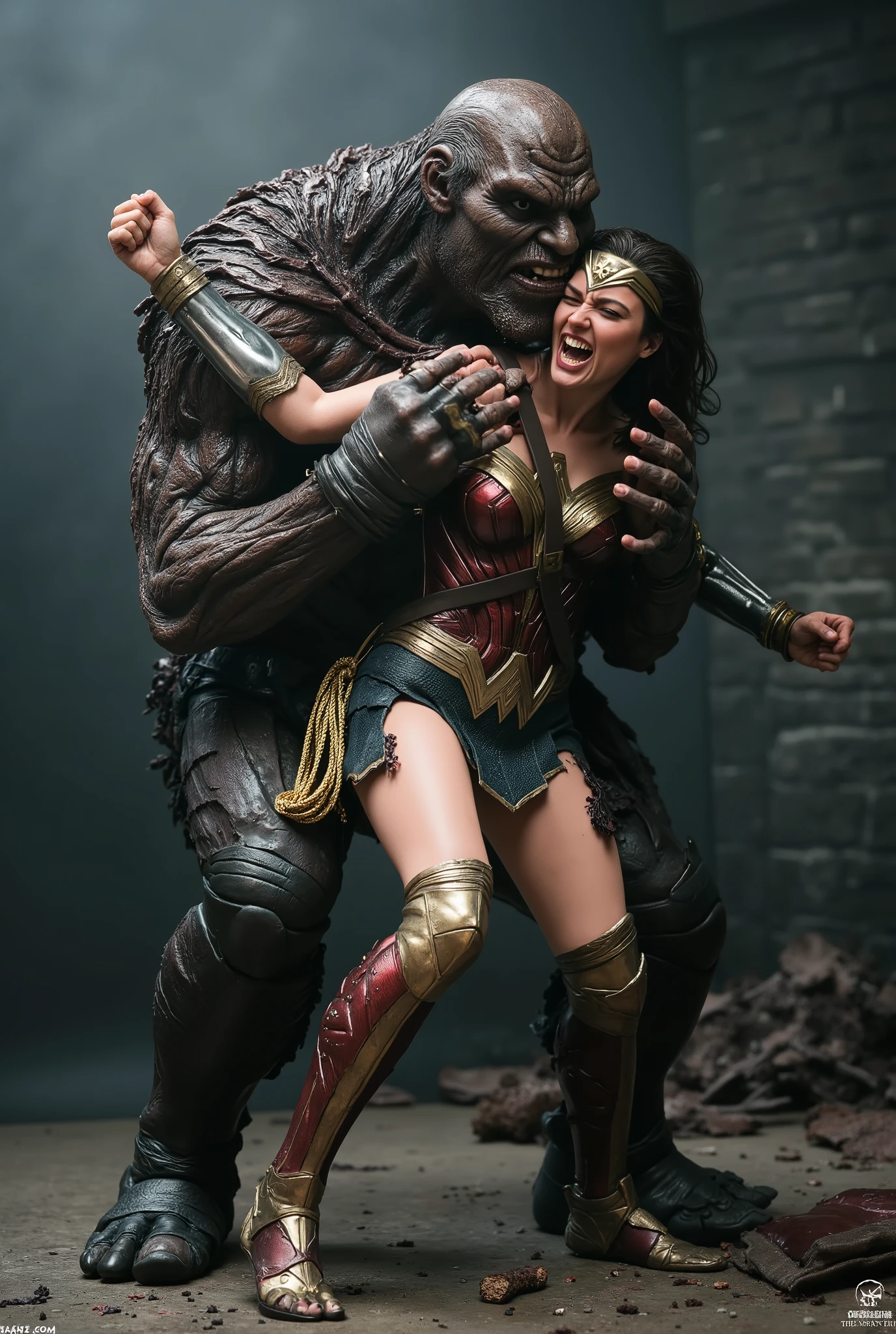 huge Creepy monster is attacking Wonder woman, grabbing her head tightly, torn clothes, Wonder woman is screaming in pain, she looks up and scream in pain, injury, tattered, exhaust,