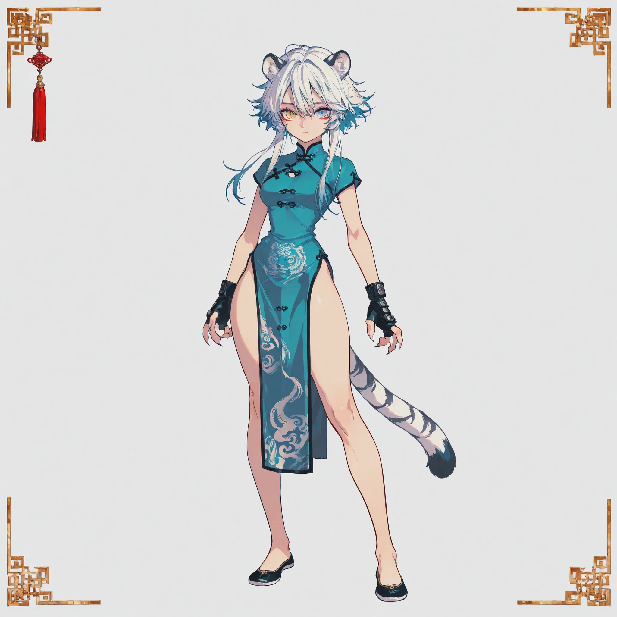 masterpiece, ultra-HD, impressionism, high detail, best quality, very aesthetic, 8K, best quality, beautiful, ultra-high resolution, 32K UHD, 4ki4k4ne_illu, 1girl, solo, short messy white hair, light blue hair, multicolored hair, long locks, heterochromia, yellow eye, blue eye, almond-shaped eyes, eyelashes, red eyeshadow, slit pupils, tiger tail, tiger ears, sharp nails, medium breasts, wide hips, narrow waist, thick thighs, slim, blue qipao dress, chinese clothes, short sleeves, black fingerless gloves, blushed, expressionless, martial arts, kung fu, standing, full body, looking at the viewer, simple background, front view