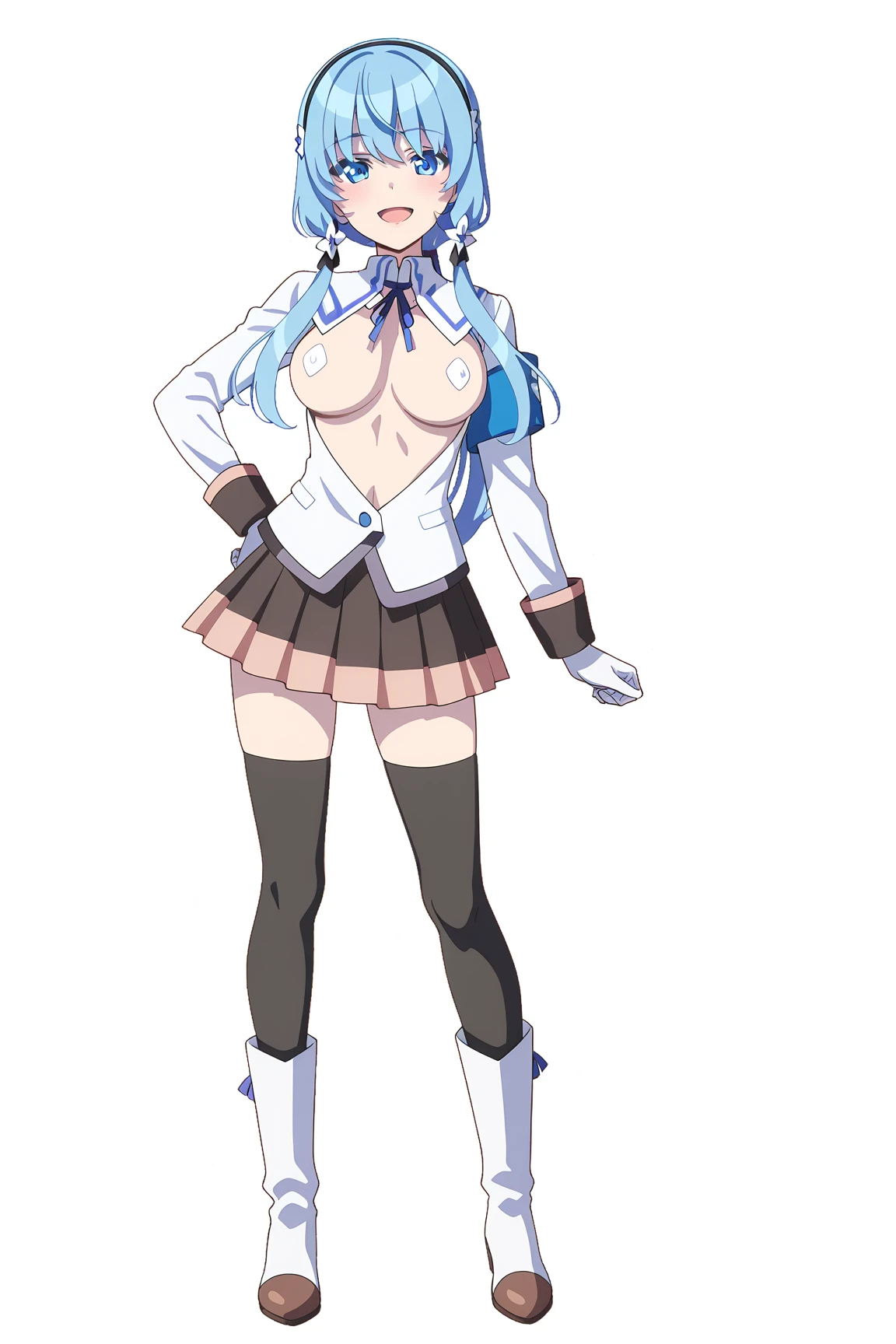 masterpiece, highest quality, soft lighting, confused, looking at the viewer, one person, Thighhighs, big breasts, shrug \whole body,((amount)) (((Extra-thick thighs,standing with legs spread apart)), Overgrown ruins, Mountain,(NSFW),((nude:1.5)),((I'm watching you)),Shadowverse ,Alice Kurobane,twin tails,