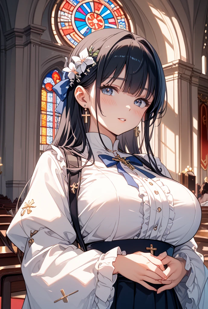 (masterpiece, best quality),(depth) of (field), <lora:Jilliana:0.6> lilliana, 1girl, long_hair, brown_hair, white_clothes, ornaments, long_sleeves, church, blue_eyes,large_breasts, cleavage <lora:Concept_Plump:1> Chubby, Plump, looking at viewer, smile, sun ray, dress, <lora:heart-hands:1> heart hands, own hands together, adult