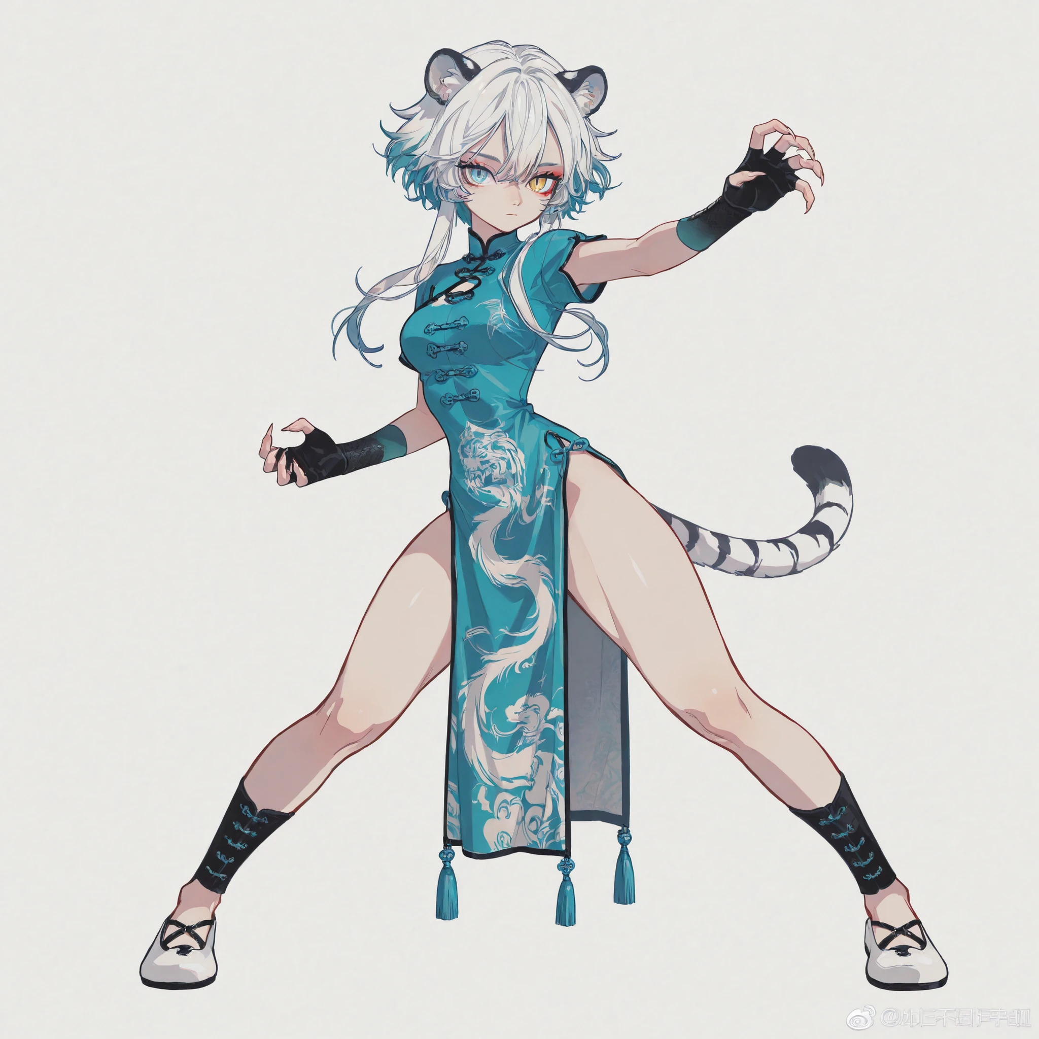 masterpiece, ultra-HD, impressionism, high detail, best quality, very aesthetic, 8K, best quality, beautiful, ultra-high resolution, 32K UHD, 4ki4k4ne_illu, 1girl, solo, short messy white hair, light blue hair, multicolored hair, long locks, heterochromia, yellow eye, blue eye, almond-shaped eyes, eyelashes, red eyeshadow, slit pupils, tiger tail, tiger ears, sharp nails, medium breasts, wide hips, narrow waist, thick thighs, slim, blue qipao dress, chinese clothes, short sleeves, black fingerless gloves, blushed, expressionless, martial arts, kung fu, dynamic pose, standing, full body, looking at the viewer, simple background, front view