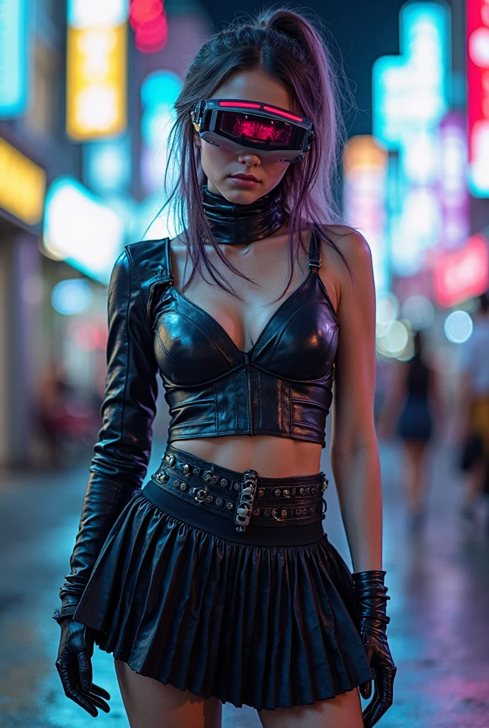 8K, 32k, On a table:1.3), ultra - detailed, (realistically:1.4), Full body portrait, head-to-toes good style, white colors, albinism, punk witch woman, Detailed eyes intense gaze, Upper part of the body, Luxurious Punk Hairstyle, Avant-garde goth punk fashion, (short skirt) Avant-garde makeup, numerous piercings, streets background, backlight effect, shallowdepthoffield, bokeh