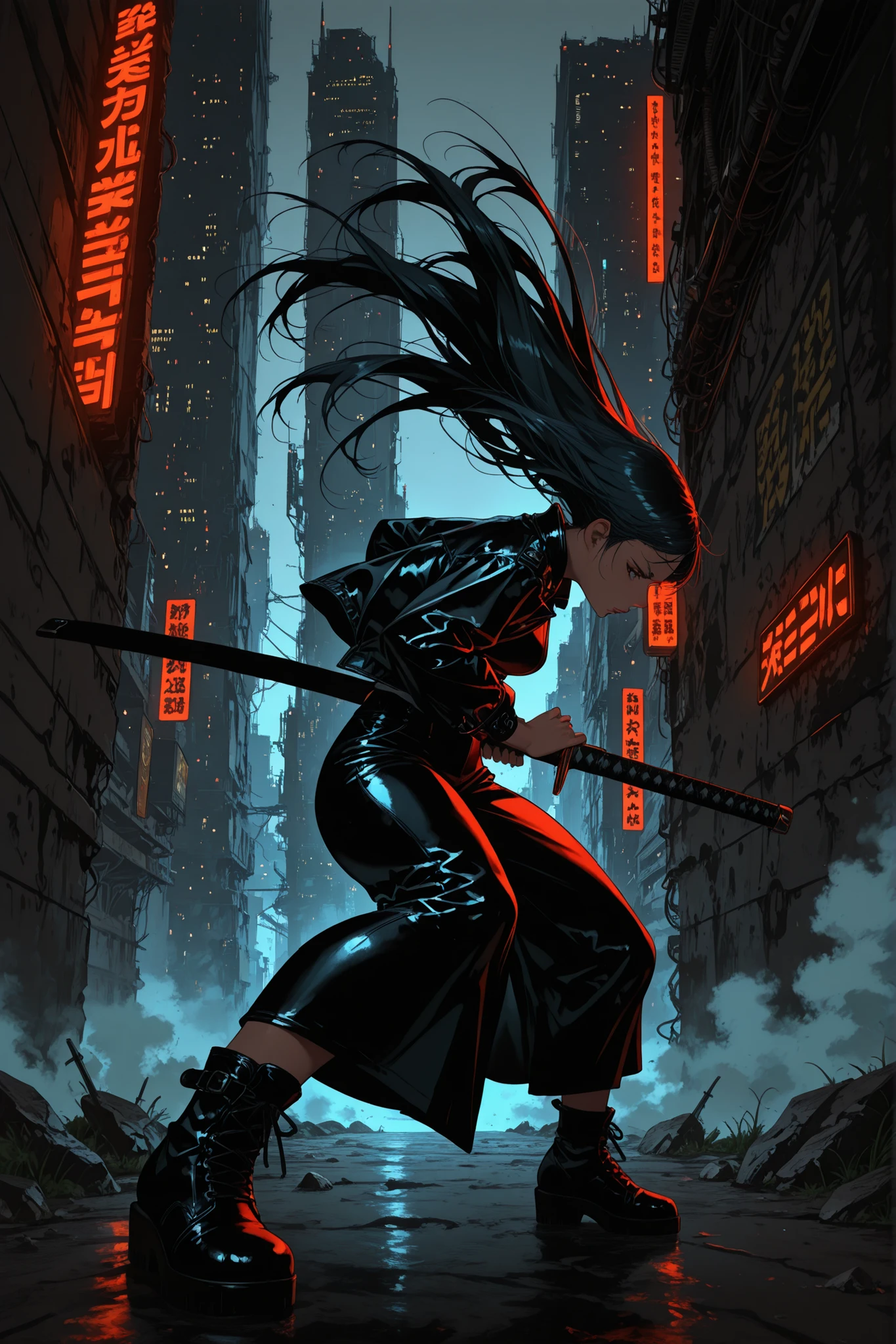 iaidou,weapon, katana, holding sword, ready to draw, sheathed, unsheathing, scabbard,pksinozick,m0eb0s,flat color, (masterpiece, best quality), european comic art style, bande dessinée style, cyberpunk aesthetic, neon lights, futuristic cityscape background, high angle, dynamic action pose, a beautiful female swordsman holding a katana, dramatic foreshortening, leather jacket, long skirt, flowing hair, artistic and bold color palette, painterly shading, high contrast, sharp lines, cinematic atmosphere, innovative composition, detailed mechanic armor with cyberpunk elements, glowing reflections, HD, 8K,