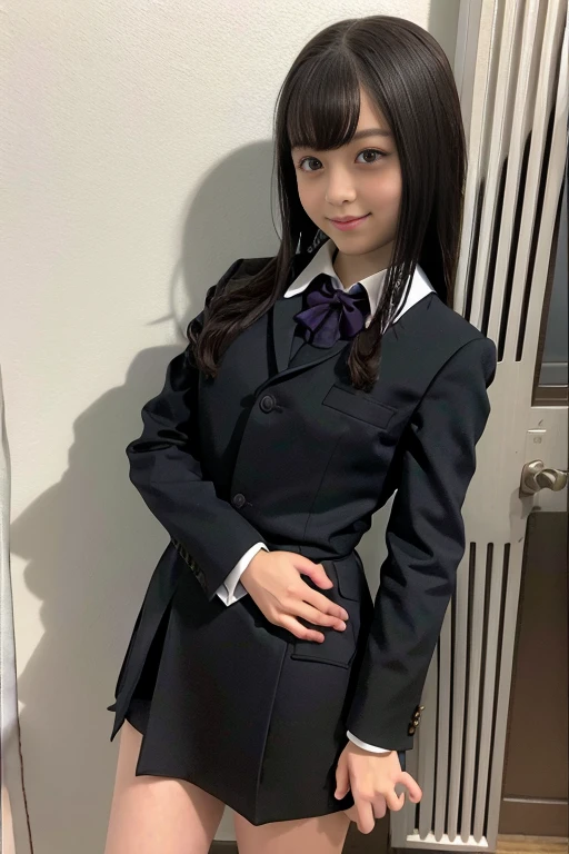 (masterpiece, highest quality:1.4), award-winning portraits, 8K, 85mm, alone, beautiful face, delicate girl, , (dark navy blazer jacket), dark navy skirt, long sleeve, violaces, gardenia, grace, Sophisticated, cute, teen, looking at the viewer, 15 years old, Raw photo, disorganized, HDR, sharp focus, A bow tie, background bokeh、(((flat 、thin and delicate body、A childish atmosphere)))、Her shiny semi-long hair is tied up、hair swaying in the wind、Mole on the left cheek、large, round, dark blue eyes、full body、random pose、、Junior idol、Nogizaka Idol、widening skirt、jump、mole under eye、sexy、Not wearing underwear、hands and feet are restrained