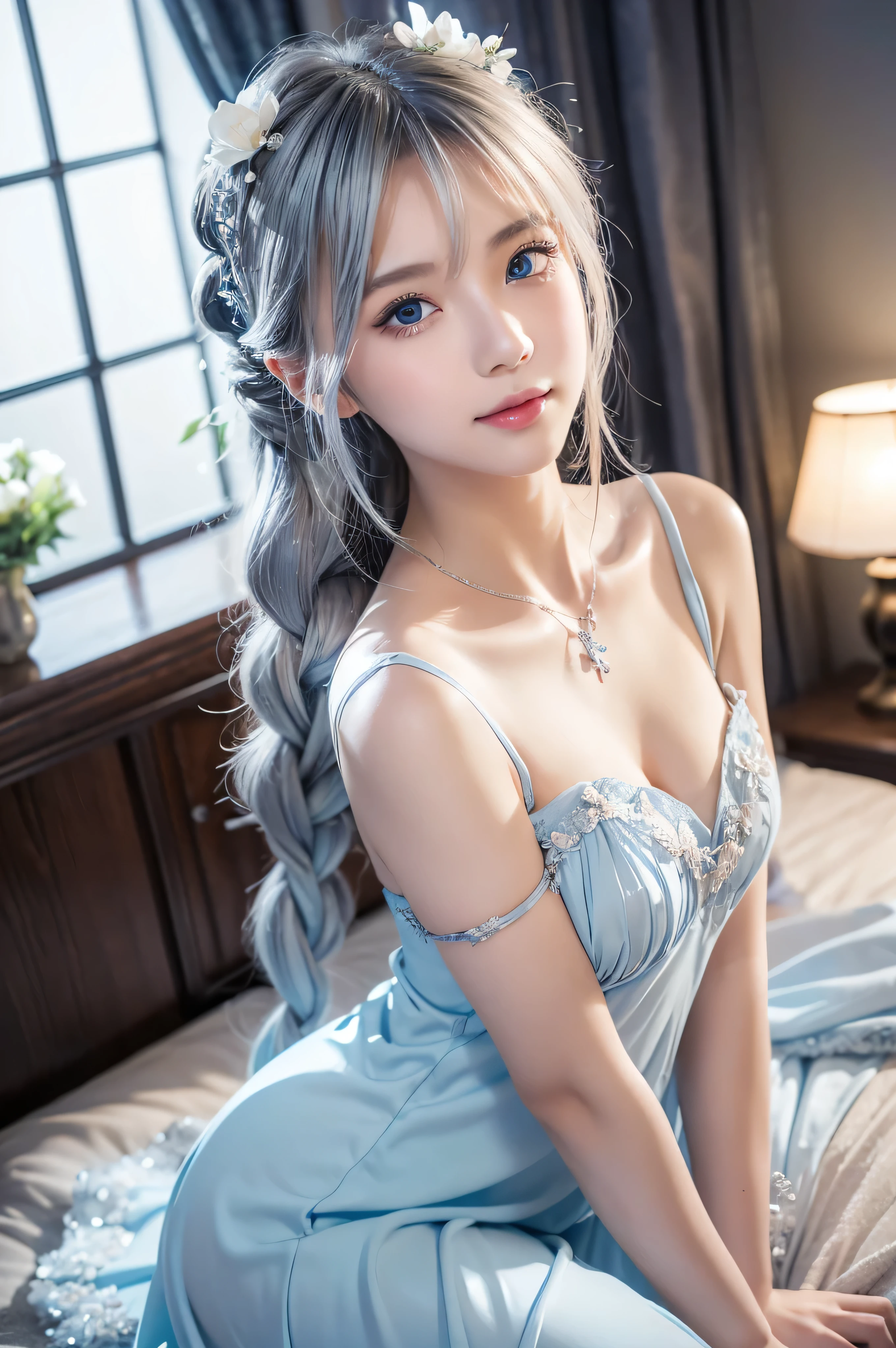 (Above),Dynamic Angle,Very detailed, shape, Direct, 1 girl, (fantasy:1.4), (Light blue eyes:1.233),Her eyes shone like Like a dream stars,(Glowing eyes:1.233),(Beautiful and delicate eyes:1.1),(Silver Hair:1.14),(Messy hair,Very long hair,French Braid,Hair between the eyes,Side lock), (+(flower:1.14)),(Chiffon Dress,青いflower柄)/=(:1.24),(Don't use sleeves,Wide sleeves),(Gloves),necklace,(Micony High Socks),high-heel boots,(Awkward),(stubborn), (Located in an old white palace、Princess bedroom with dressing table and floor-to-ceiling windows),(白いflower,bloom),(Dark blue world tree:1.14),(What'remain),(night:1.2),Like a dream,soul,(Fluorescence), [[Slender fingers and hands:0.55]::0.85],(Finger details),(Soup Dumplings:0.5)、Berets、Miss、18 years old、Large Breasts, best quality, Very detailed, Beautiful Lights, beautiful scenery, Mild hot flashes, Smile, ((masterpiece)), (Japanese cartoons:1.5), ((best quality)), (RAW photos: 1.2), (Professional photography:1.2), whole body, 8K, from the side, Wide-angle lens,