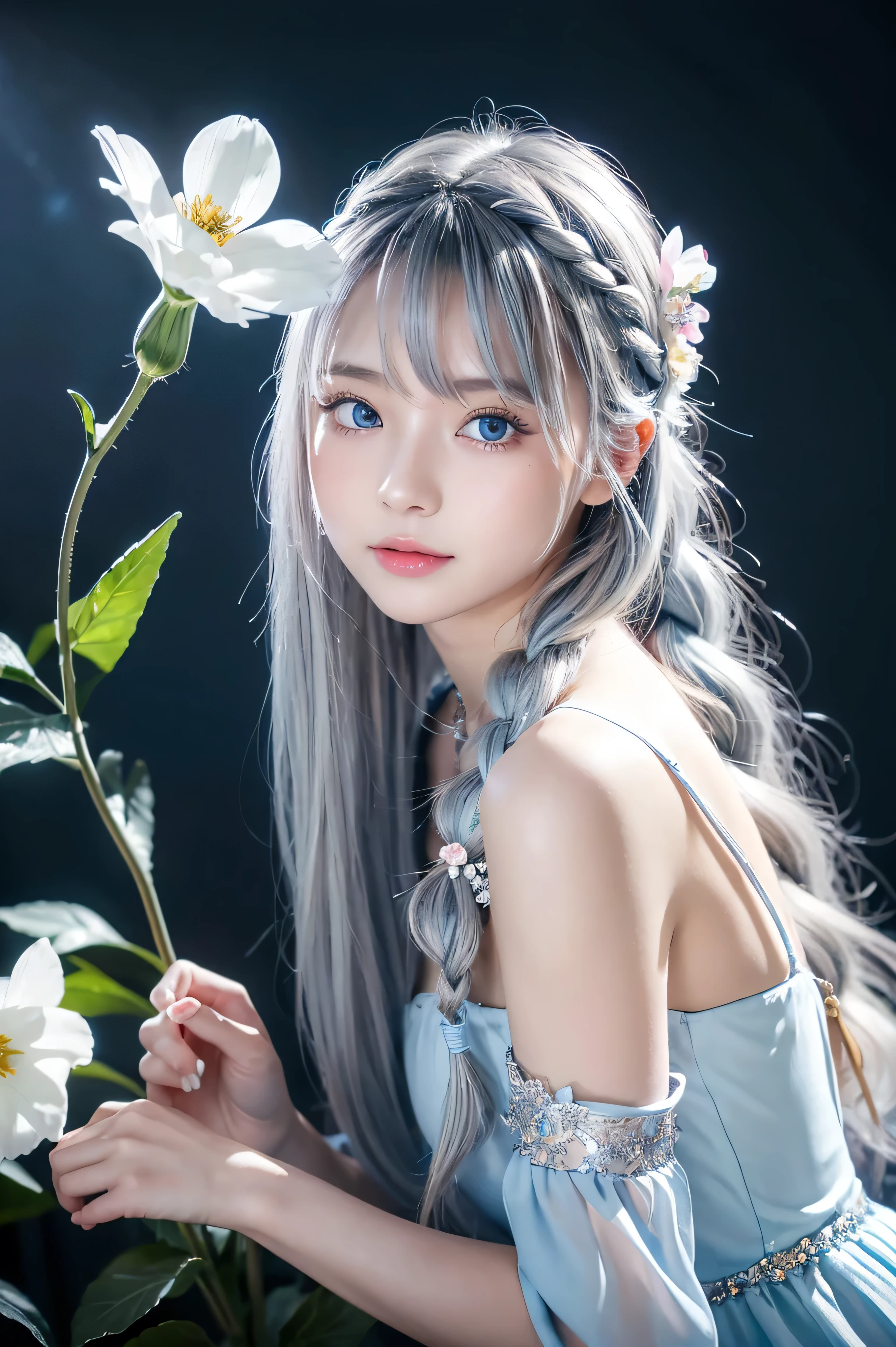 (Above),Dynamic Angle,Very detailed, shape, Direct, 1 girl, (fantasy:1.4), (Light blue eyes:1.233),Her eyes shone like Like a dream stars,(Glowing eyes:1.233),(Beautiful and delicate eyes:1.1),(Silver Hair:1.14),(Messy hair,Very long hair,French Braid,Hair between the eyes,Side lock), (+(flower:1.14)),(Chiffon Dress,青いflower柄)/=(:1.24),(Don't use sleeves,Wide sleeves),(Gloves),necklace,(Micony High Socks),high-heel boots,(Awkward),(stubborn), (Located in an old white palace、Princess bedroom with dressing table and floor-to-ceiling windows),(白いflower,bloom),(Dark blue world tree:1.14),(What'remain),(night:1.2),Like a dream,soul,(Fluorescence), [[Slender fingers and hands:0.55]::0.85],(Finger details),(Soup Dumplings:0.5)、Berets、Miss、18 years old、Large Breasts, best quality, Very detailed, Beautiful Lights, beautiful scenery, Mild hot flashes, Smile, ((masterpiece)), (Japanese cartoons:1.5), ((best quality)), (RAW photos: 1.2), (Professional photography:1.2), whole body, 8K, from the side, Wide-angle lens,