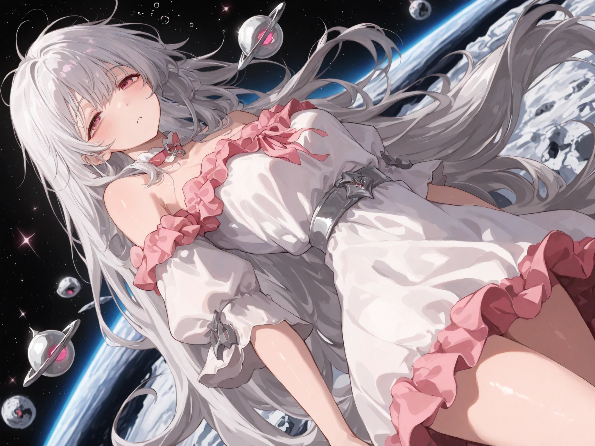 Hoyoearth, masterpiece, thin outline, cel shading, vibrant color, a high-quality digital drawing, score_9, ((anatomically correct)), 1girl, ((8k)), ((intense details)), (((safe for work))),

break,
((beautiful round face)), ((fair skin)), ((detailed and vibrant pink eyes)), ((tareme)), ((sleepy eyes)), ((natural beauty and charm)) break, ((long flowing silver hair)), soft bangs, 

break, 
((elegant white dress with pink frills)), ((bare shoulders)), ((chest 32 inches)), ((waist 26 inches)), ((hips 29 inches)), 

break, 
((from the side)), ((dutch angle)), ((floating in space)), ((dazed expression)), ((light blush))