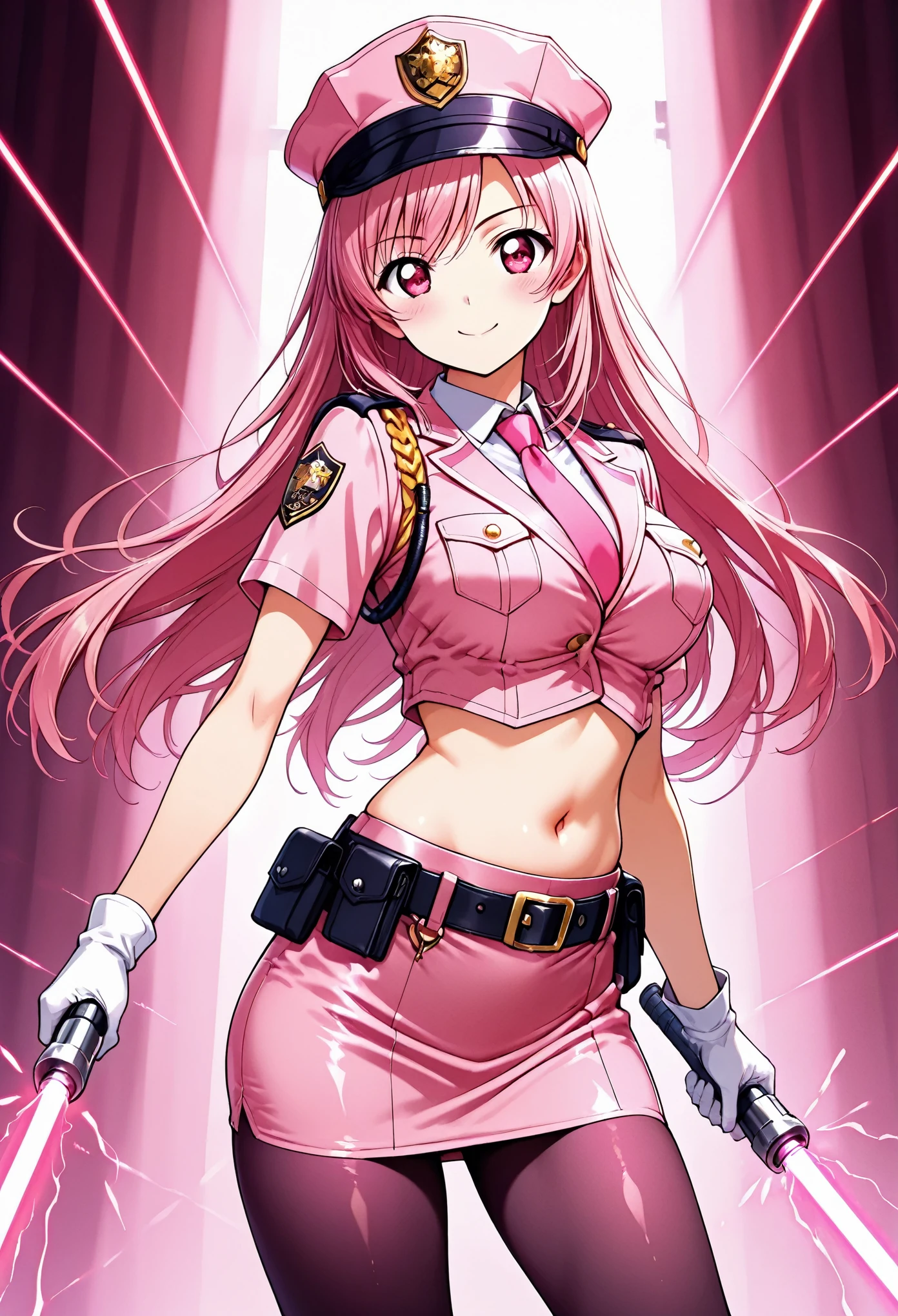 Highest Quality、Otome、shot from the front,high resolution、Standing posture、(anime illustration style:1.3), one woman、solo、Otome Ieyasu.orijinaru, pink police officer uniform, crop top, midriff, belly button, Pink Mini Skirt, Pink Pencil Skirt, pantyhose, pink police hat , Pink Necktie, belt, pink hair, Long Hair, red eye, smile, ( laser saber)
