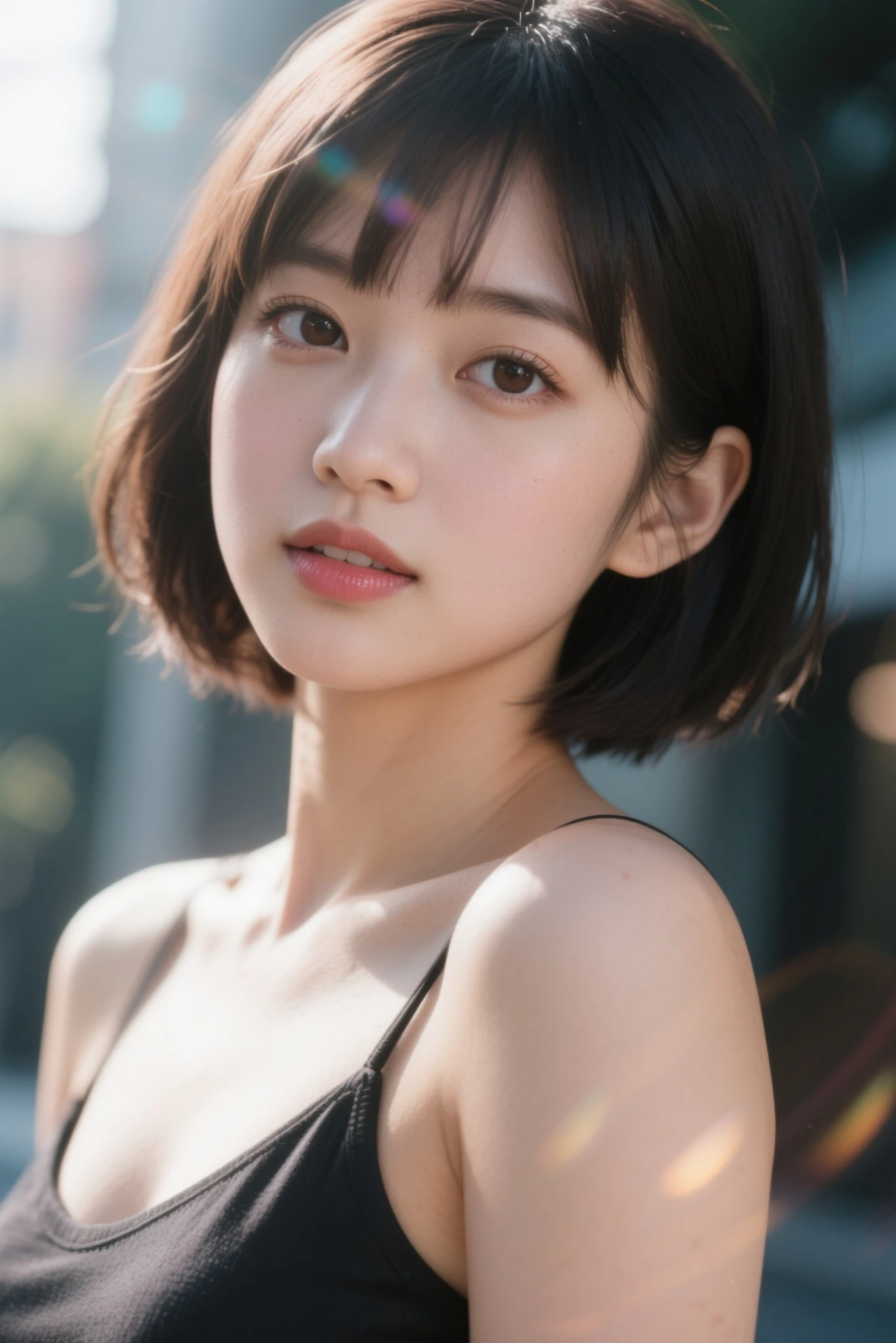 Woman standing upright facing the camera、Emphasize the cleavage、lightly dressed、exposed、thin white shirt、(highest quality,masterpiece:1.3,超A high resolution,),(super detailed,caustics),(Photoreal:1.4,RAW shooting,)ultra-realistic capture,very detailed,High definition 16K for human skin、 Natural skin texture、、Skin looks even-toned and healthy、 Use natural light and color,one woman,Japanese,,cute,Grey-haired,middle hair,(Depth of the bounds written、chromatic aberration、、wide range of lighting、natural shading、)、(outdoor lights at night:1.4)、(hair swaying in the wind:1)、short hair、hair ornaments、Put on your ears、Fluffy Bob Cut