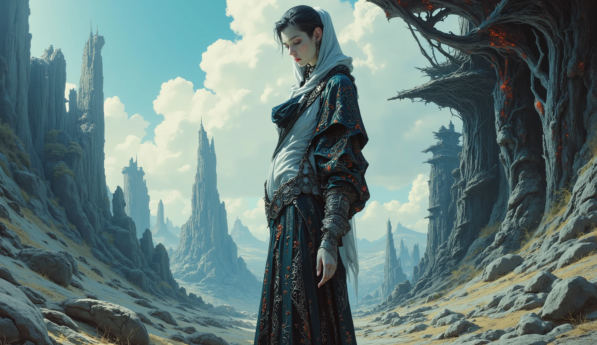 (((nsfw))),An amazing woman of the future,full body shot,high heels,embroidered clothing.sci-fi