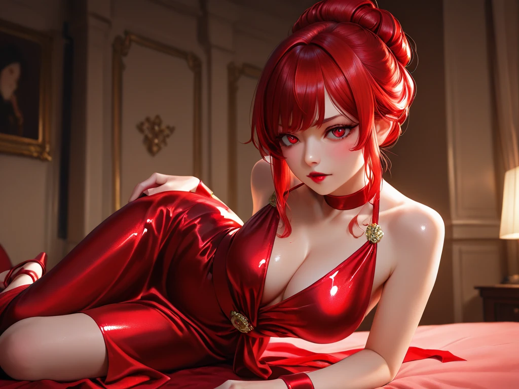 beautiful woman on white bed, nsfw, (()), cum, gorgeous face, bright,(()), realistic art, perfect boobs, perfect body, muscular, shaved , athlete, 20s, masturbation, orgasm, ginger, (full-photo-view), redhead, big eyes, full body, 8k resolution, ultrahd, curvy, thick, boob size 3, natural breasts,I am portrayed as a strong and beautiful woman. I am wearing a red dress that accentuates my curvy figure, (full body)