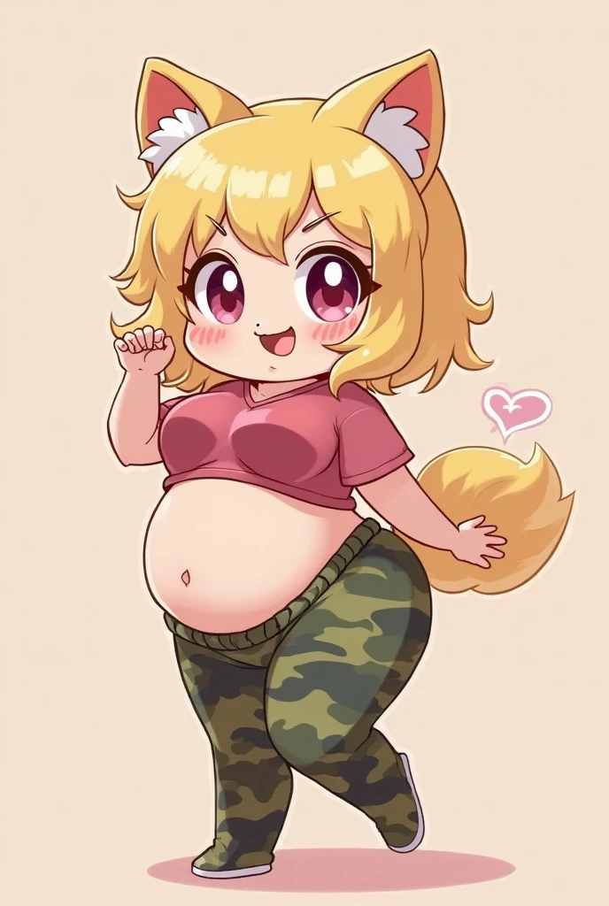 Yellow hair, Yellowish orange fur, long loose green hoodie, brown pants, female, (neco arc), (cat), :3 face, wide hips, hourglass figure, cameltoe, small perky breasts, nipple outlines, bare hips, pants fly down, legs apart, looking at viewer sheepishly, red blush, embarrassed smile, blue womb tattoo on underbelly, crotch leaking, pregnant, hearts coming from stomach, stomach blush, hands akimbo on stomach