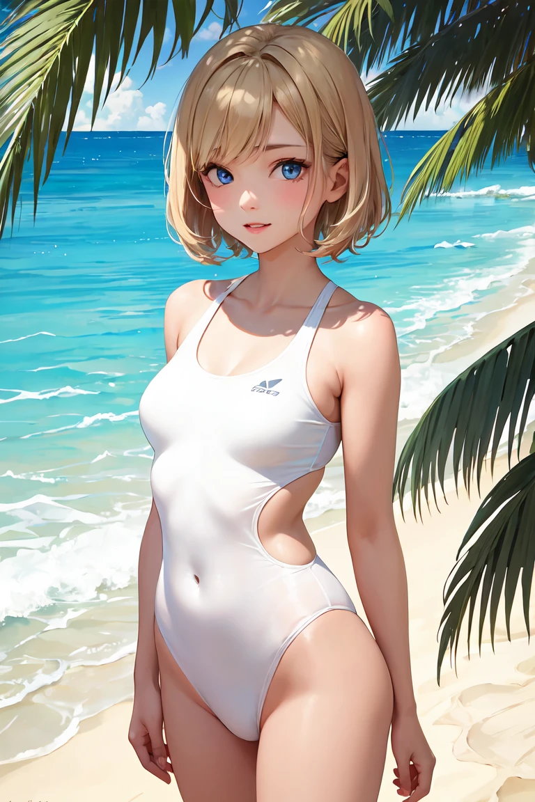 (masterpiece:1.2), (highest quality:1.2),, Curvy but slender body, perfect eyes, perfect face, perfect lighting, 2 girls, ,on the beach,(standing position),(white one piece swimsuit),(whole bodyのフルショット),(short hair),(smile),curly hair, fine clothes, detailed outdoor background, compensate, eye shadow, thick eyelashes, fantasy, looking at the viewer, whole body、blue sky、bright and beautiful face、young shiny glossy white shiny skin、the best beauty、the most beautiful bright blonde hair in the world、thin hair、short hair、Shining beautiful bangs、big shining blue eyes、very beautiful and nice 18 years old, the most beautiful girl in the world、small breasts